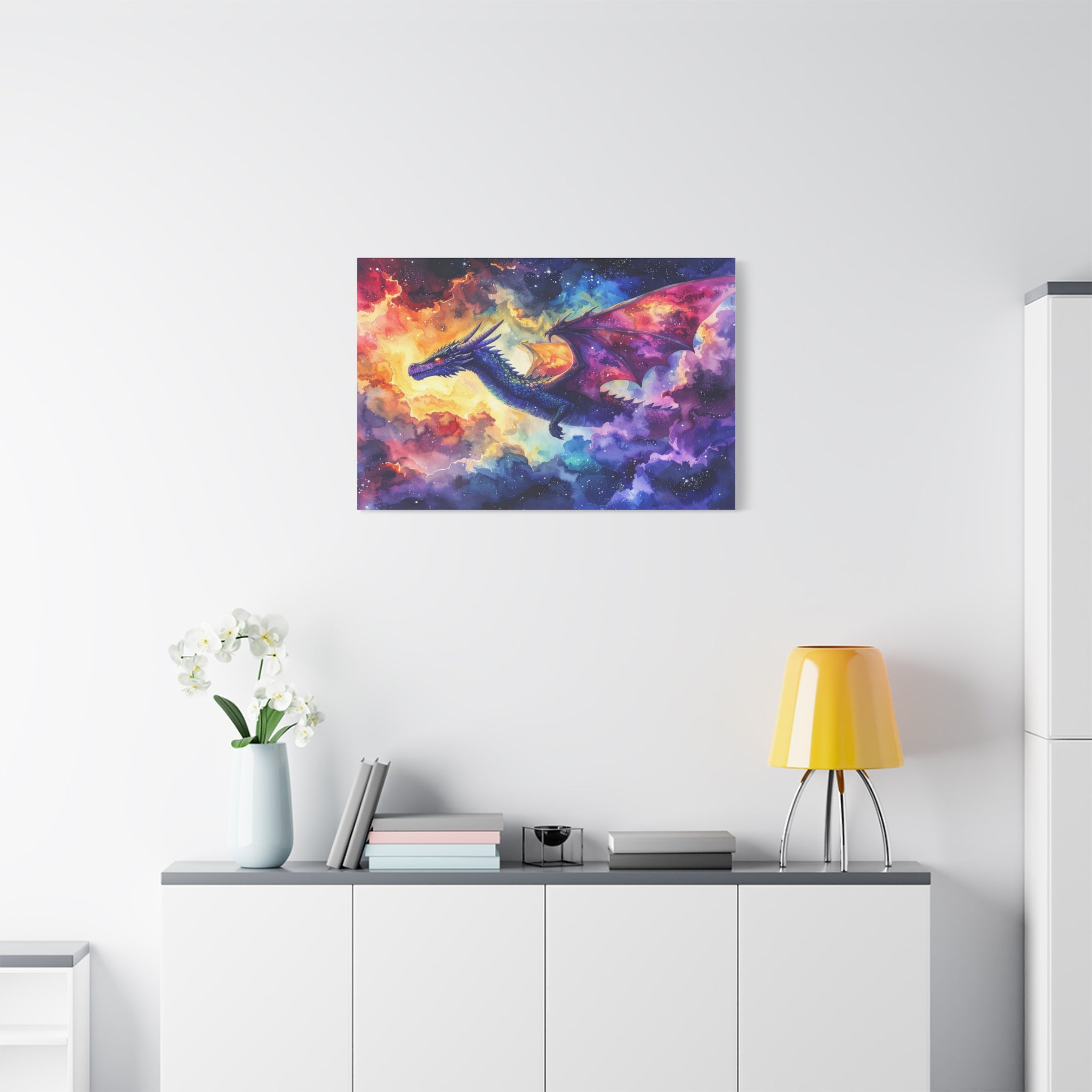 Cosmic Dragons' Ascent: Ethereal Watercolor Fantasy, Celestial Mythical Landscape - L’Art Suprême Canvas