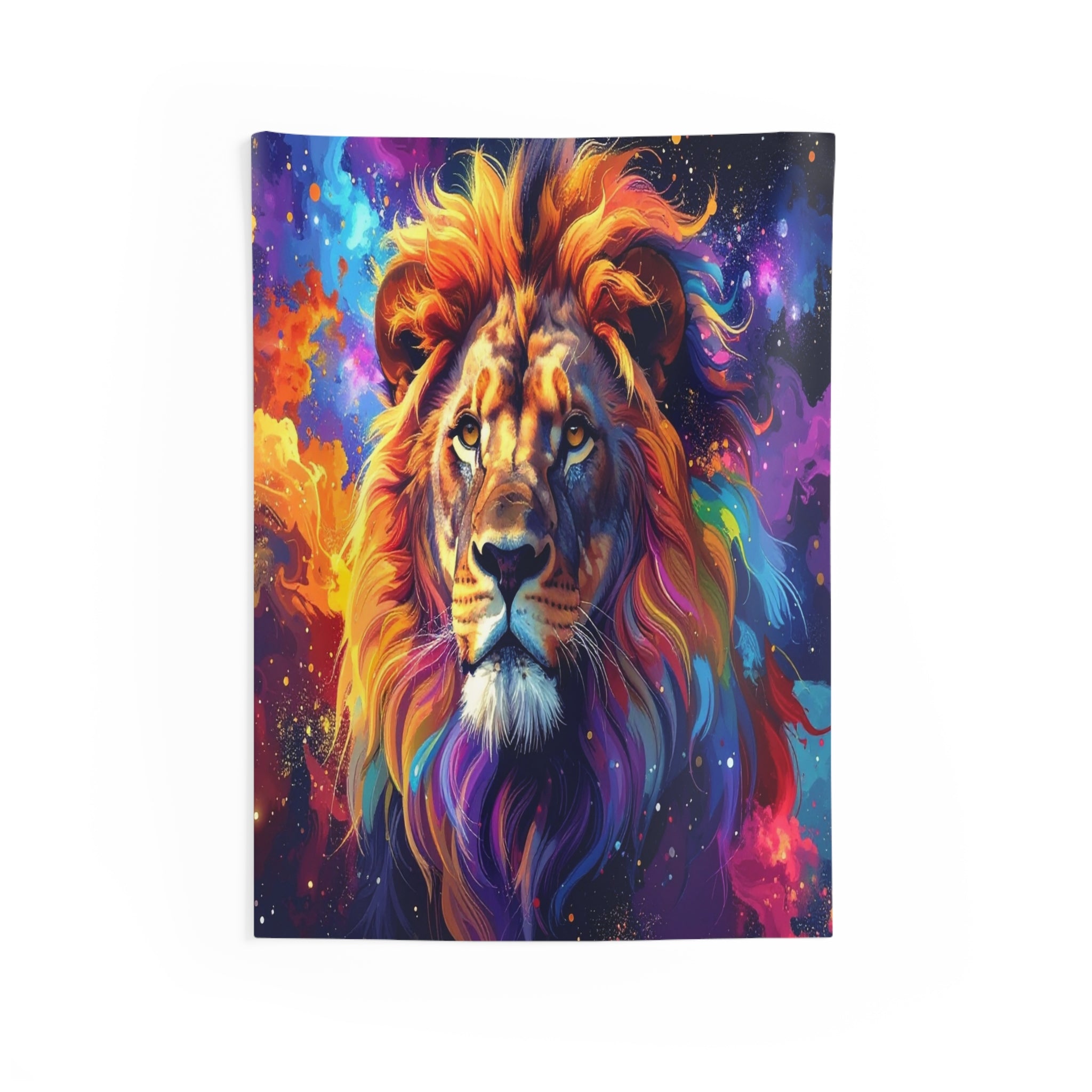 Cosmic Mane: Celestial Lion Portrait, Digital Cosmic Art, Vibrant Color Explosion - L'Art Tapestry