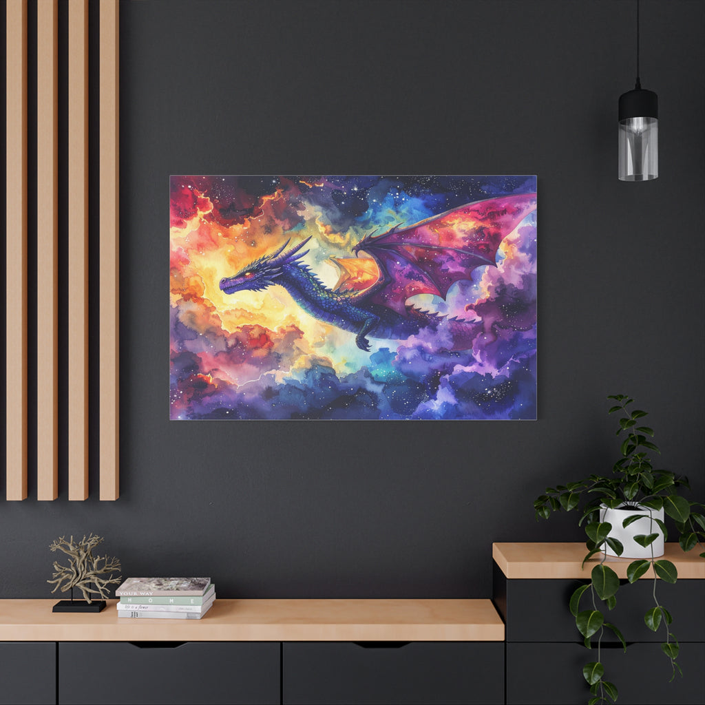 Cosmic Dragons' Ascent: Ethereal Watercolor Fantasy, Celestial Mythical Landscape - L’Art Suprême Canvas