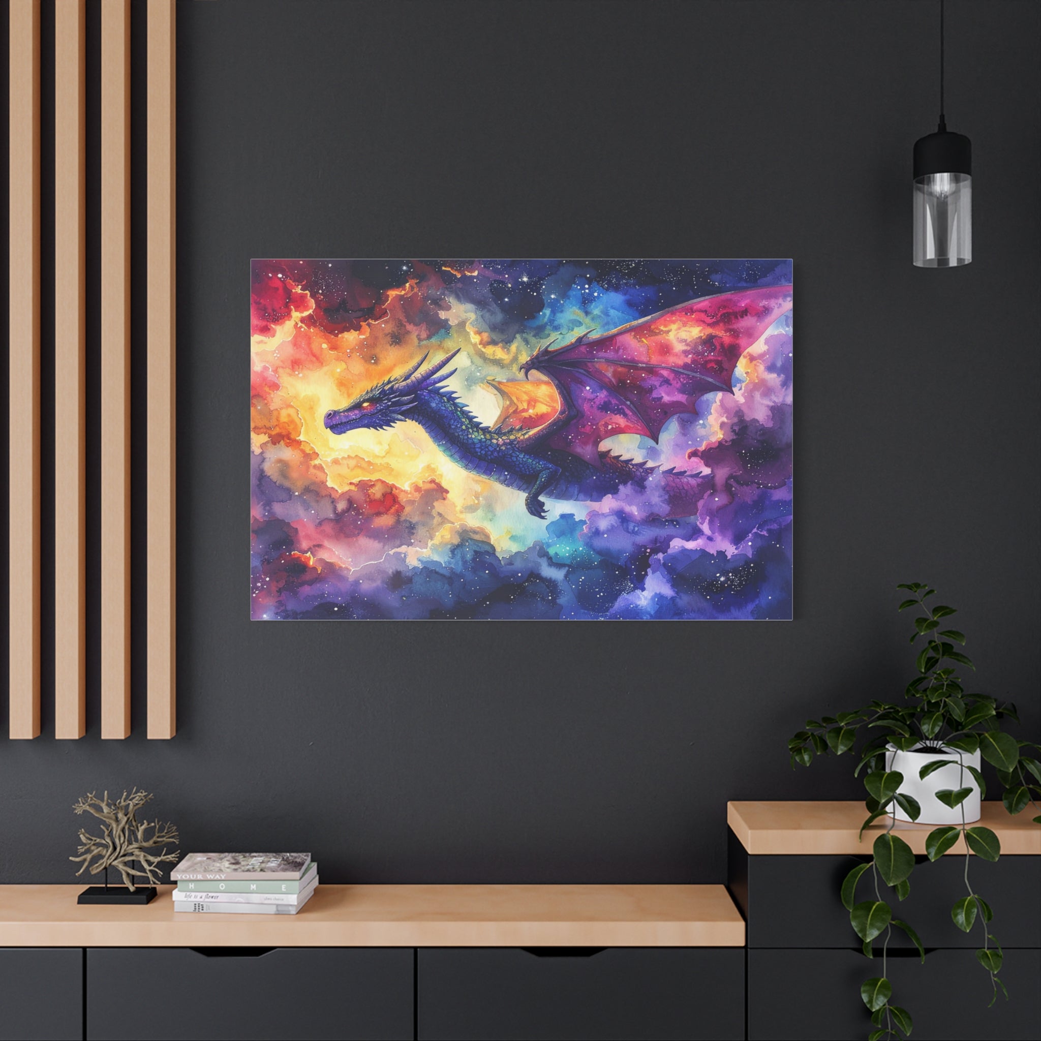 Cosmic Dragons' Ascent: Ethereal Watercolor Fantasy, Celestial Mythical Landscape - L’Art Suprême Canvas