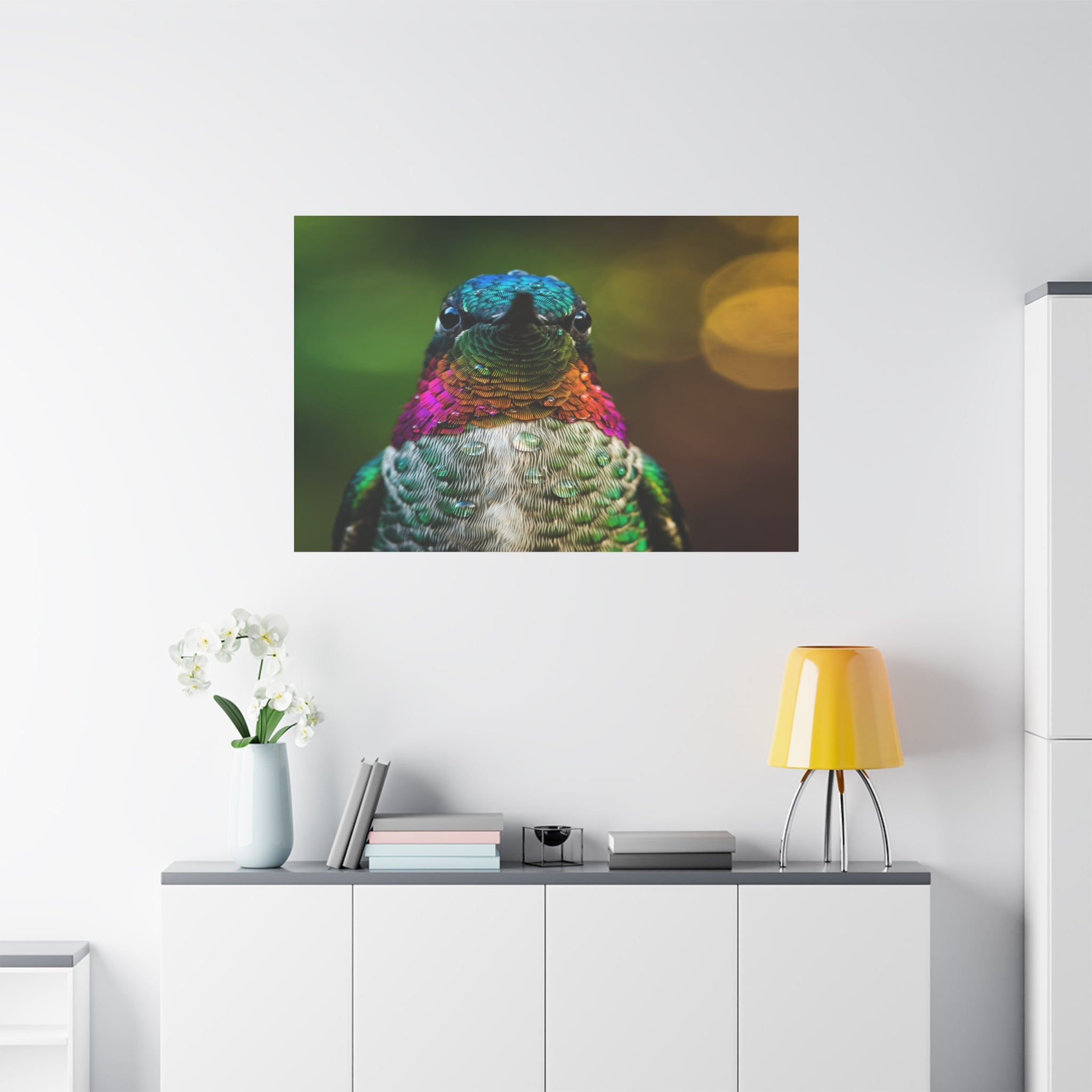 Iridescent Whispers: Hummingbird in Vibrant Plumage, Close-Up Nature Photography - L’Art Suprême Canvas