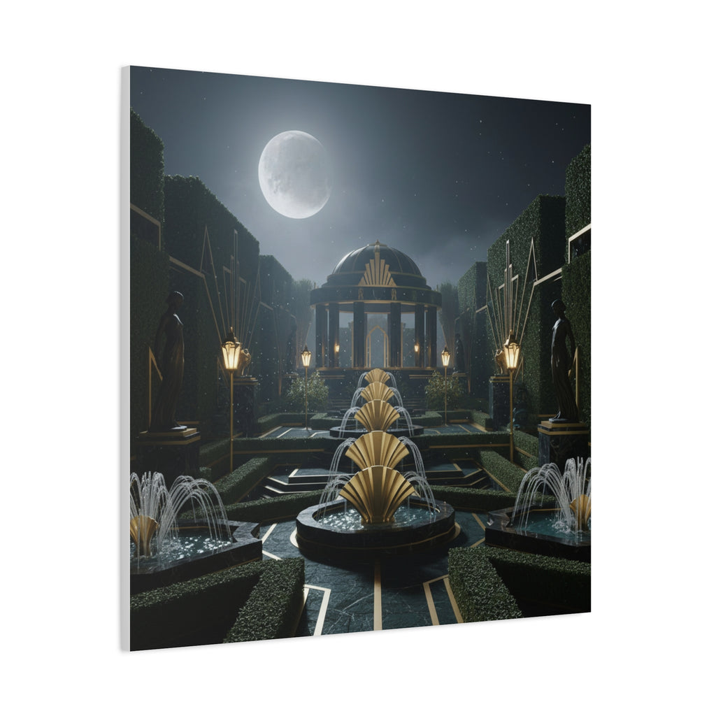 Nocturnal Pavilion: Art Deco Garden Symphony, Moonlit Architectural Dreamscape - L’Art Suprême Canvas
