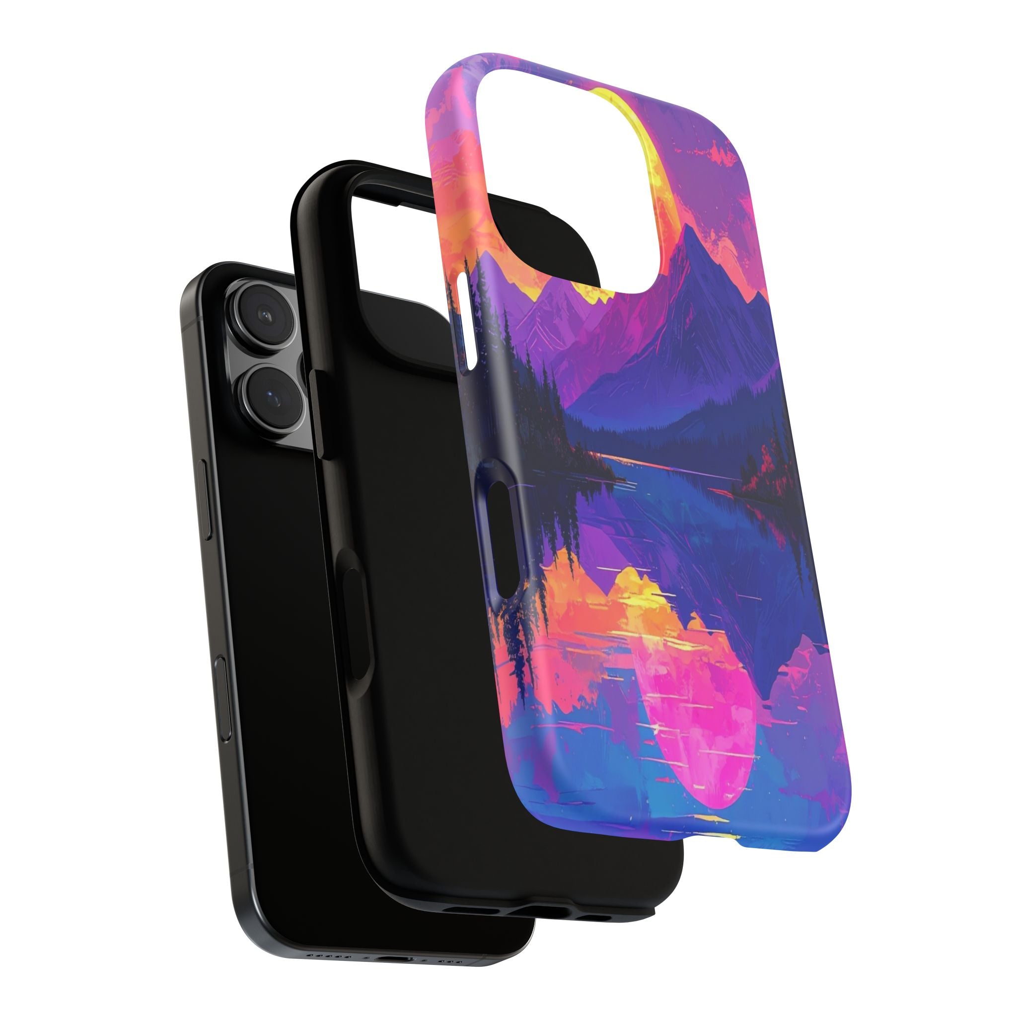 Twilight's Reflective Embrace: Mountain Synthwave Landscape, Digital Sunset Panorama - L’Art Suprême Phone Case
