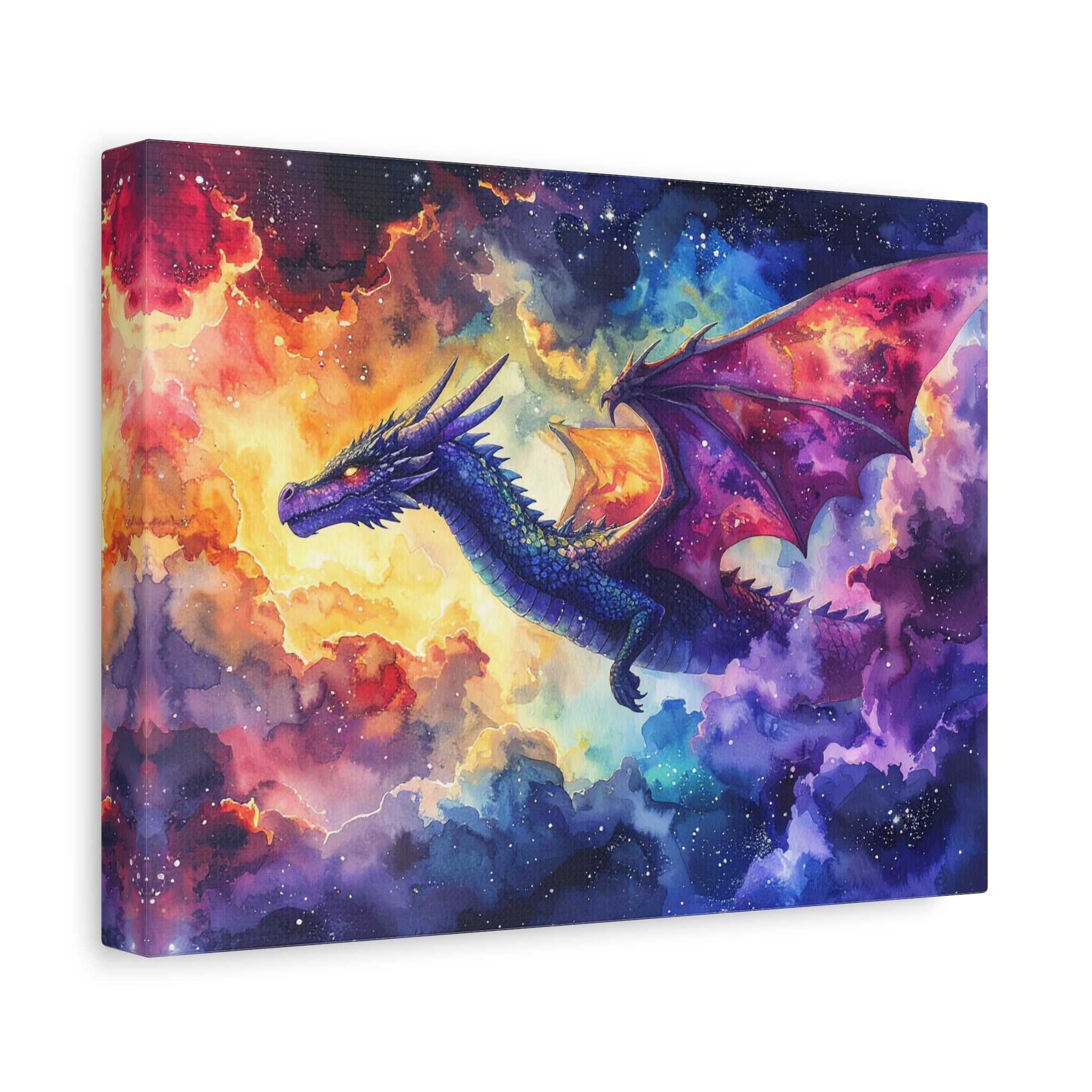 Cosmic Dragons' Ascent: Ethereal Watercolor Fantasy, Celestial Mythical Landscape - L’Art Suprême Canvas
