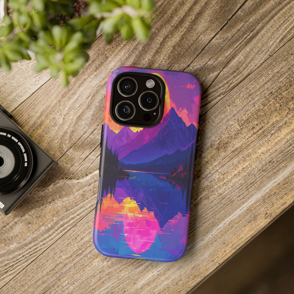 Twilight's Reflective Embrace: Mountain Synthwave Landscape, Digital Sunset Panorama - L’Art Suprême Phone Case