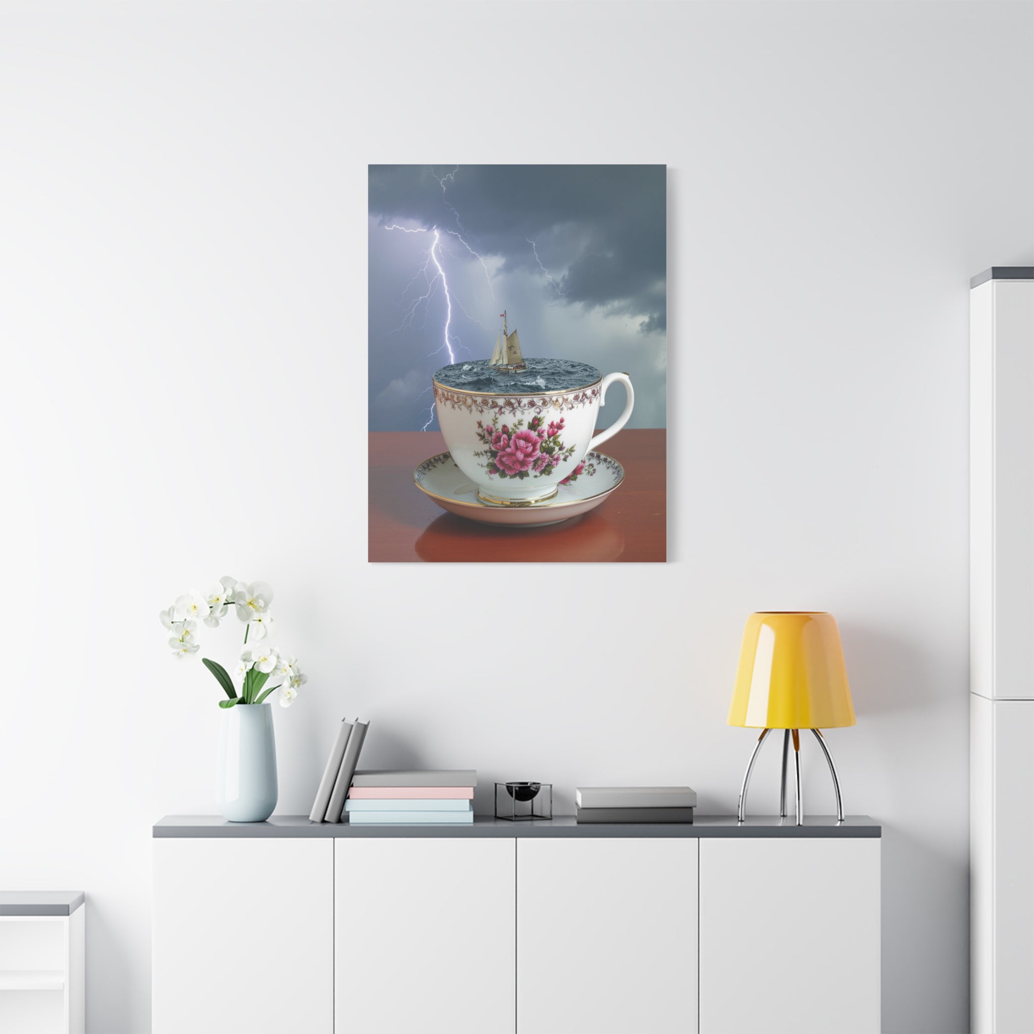 Tempest in a Teacup: Surreal Maritime Digital Art, Porcelain Seascape Narrative - L’Art Suprême Canvas