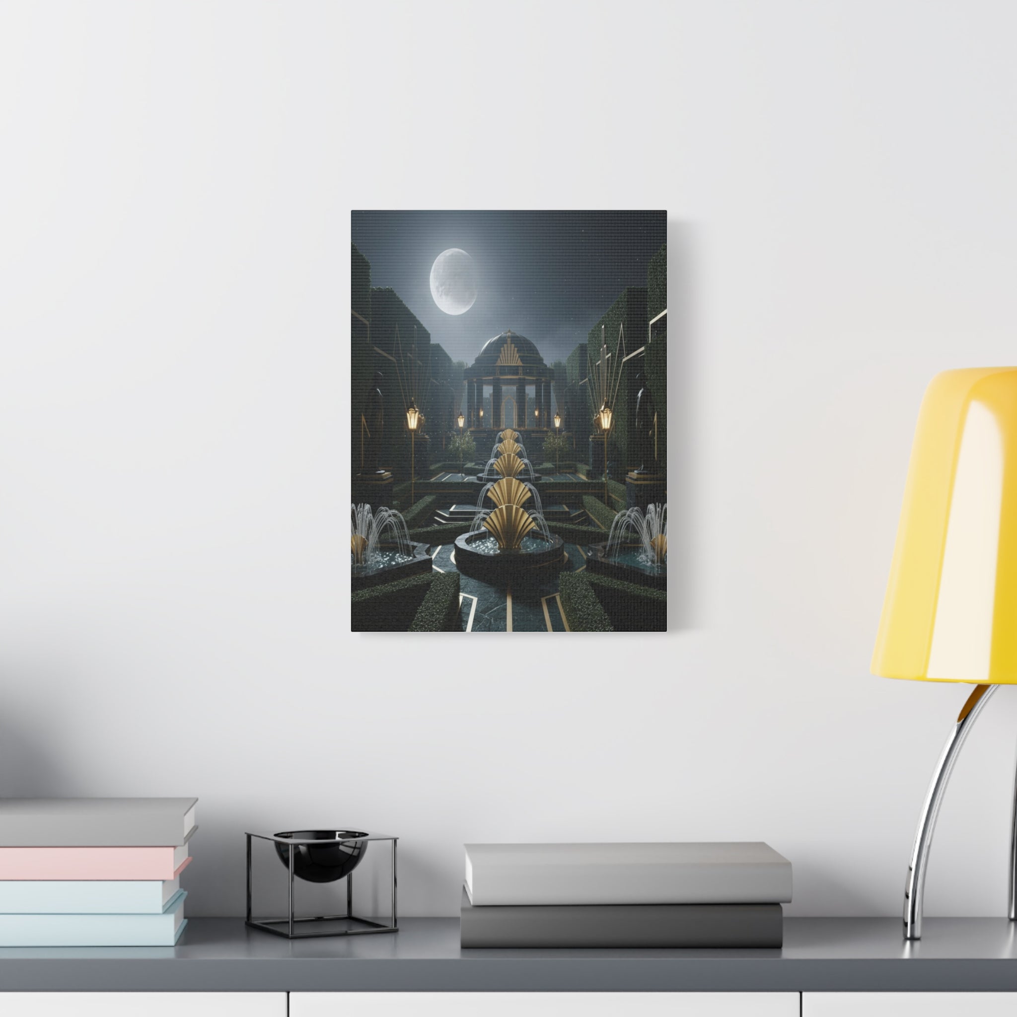Nocturnal Pavilion: Art Deco Garden Symphony, Moonlit Architectural Dreamscape - L’Art Suprême Canvas