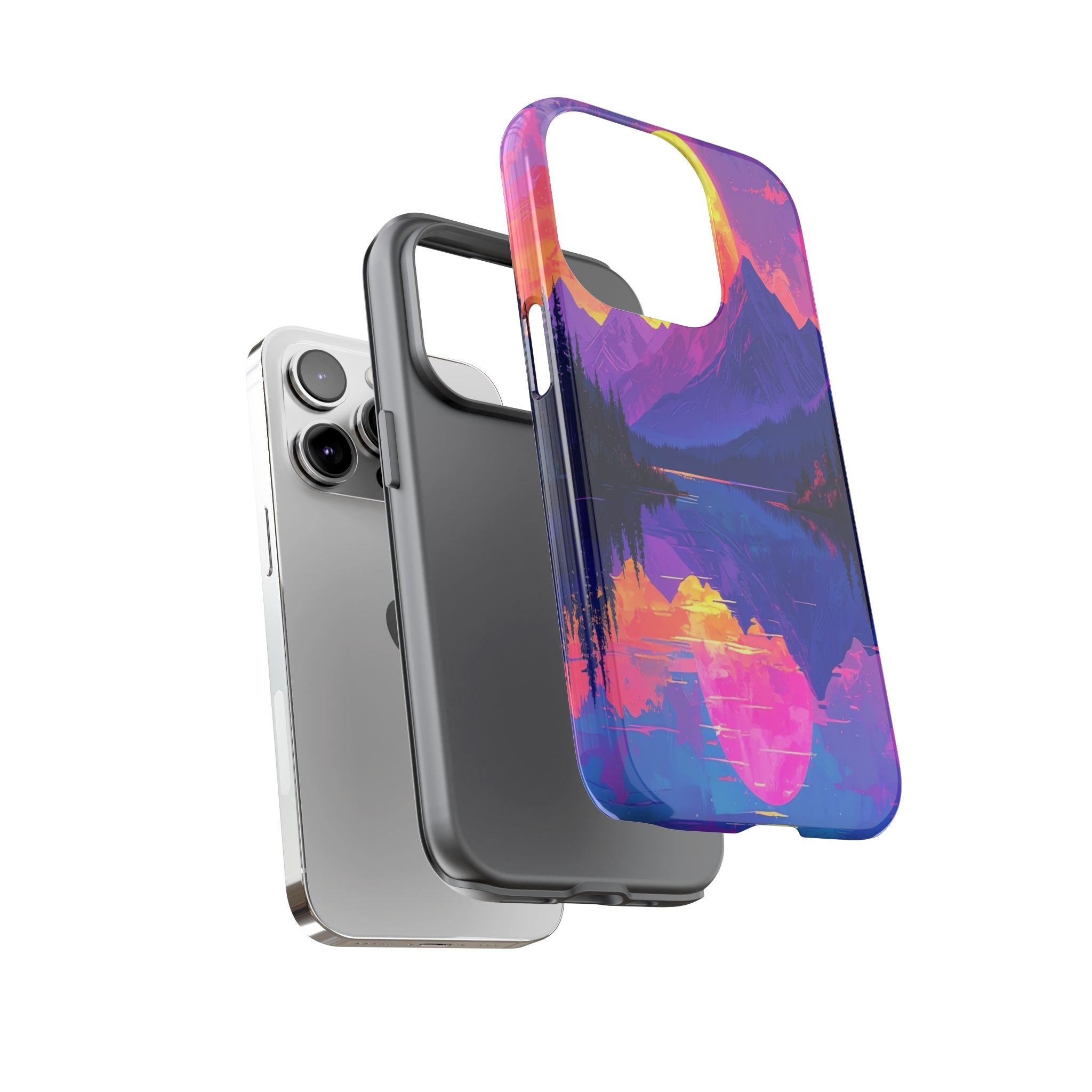 Twilight's Reflective Embrace: Mountain Synthwave Landscape, Digital Sunset Panorama - L’Art Suprême Phone Case