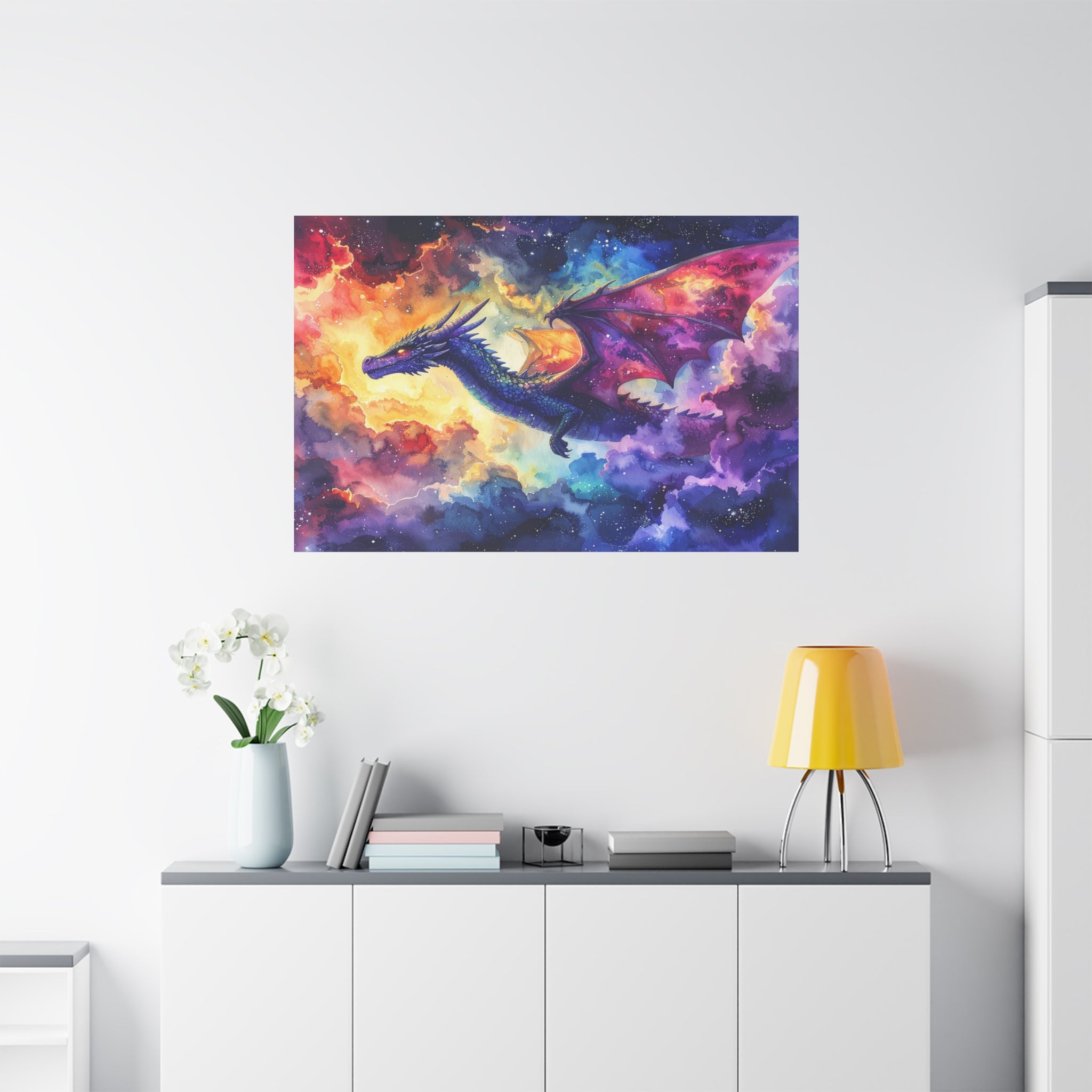 Cosmic Dragons' Ascent: Ethereal Watercolor Fantasy, Celestial Mythical Landscape - L’Art Suprême Canvas