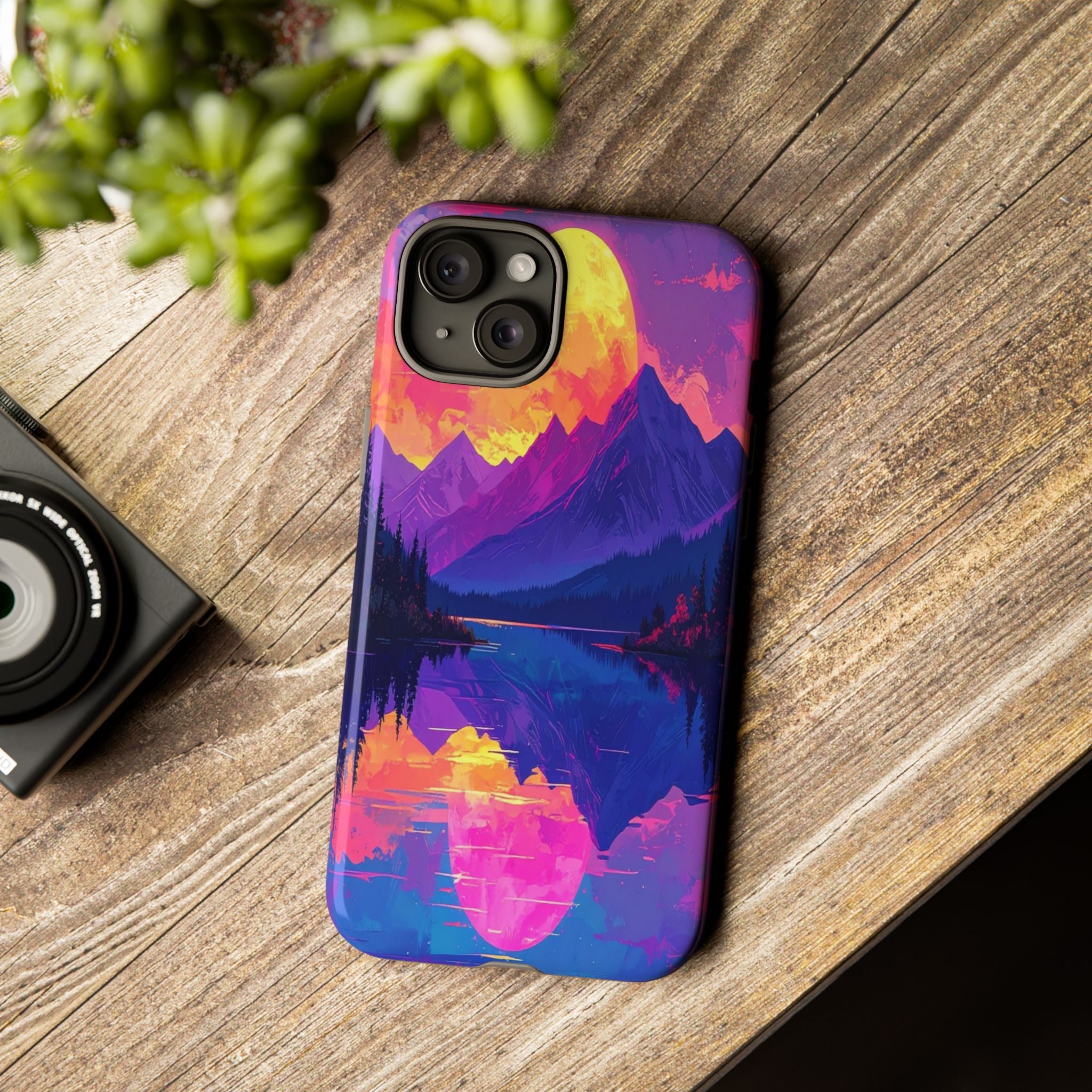 Twilight's Reflective Embrace: Mountain Synthwave Landscape, Digital Sunset Panorama - L’Art Suprême Phone Case