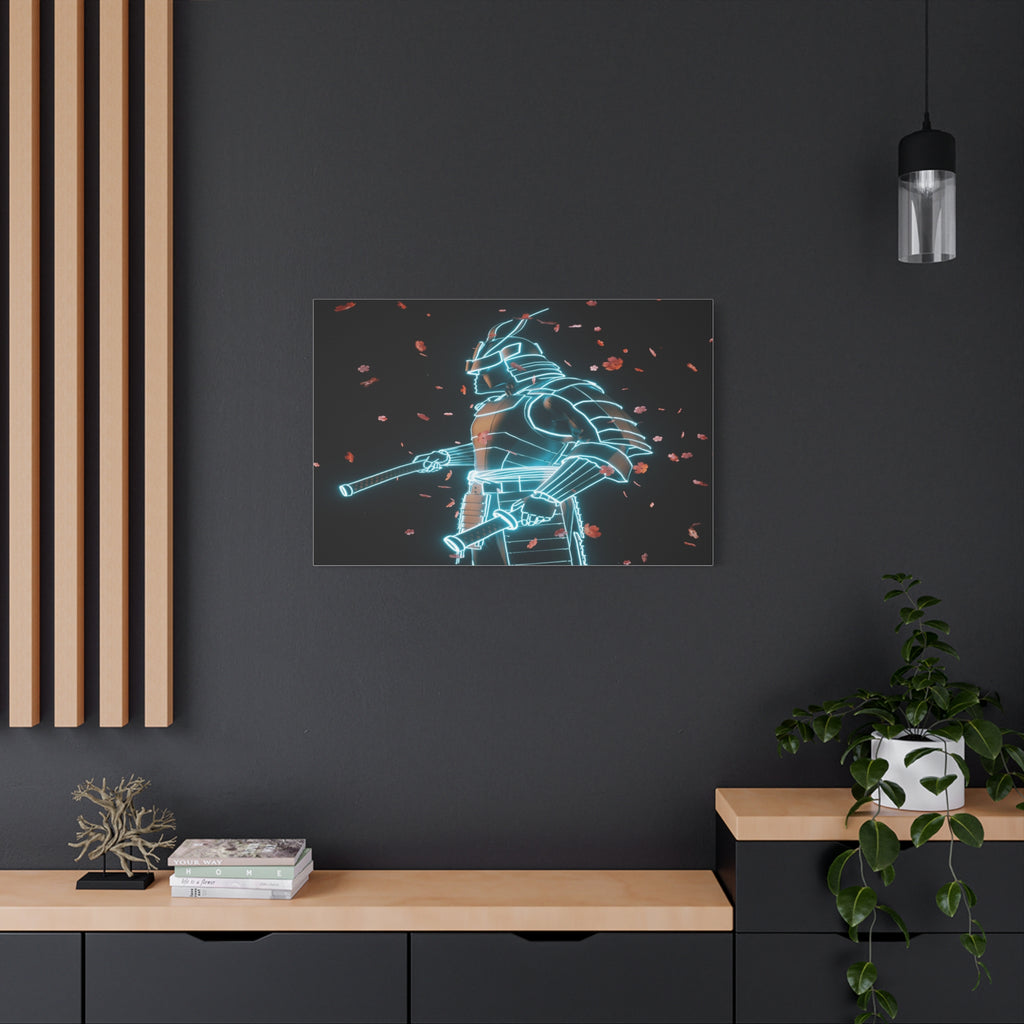 Neon Samurai: Digital Warrior, Cyberpunk Fusion, Glowing Wireframe Armor - L’Art Suprême Canvas
