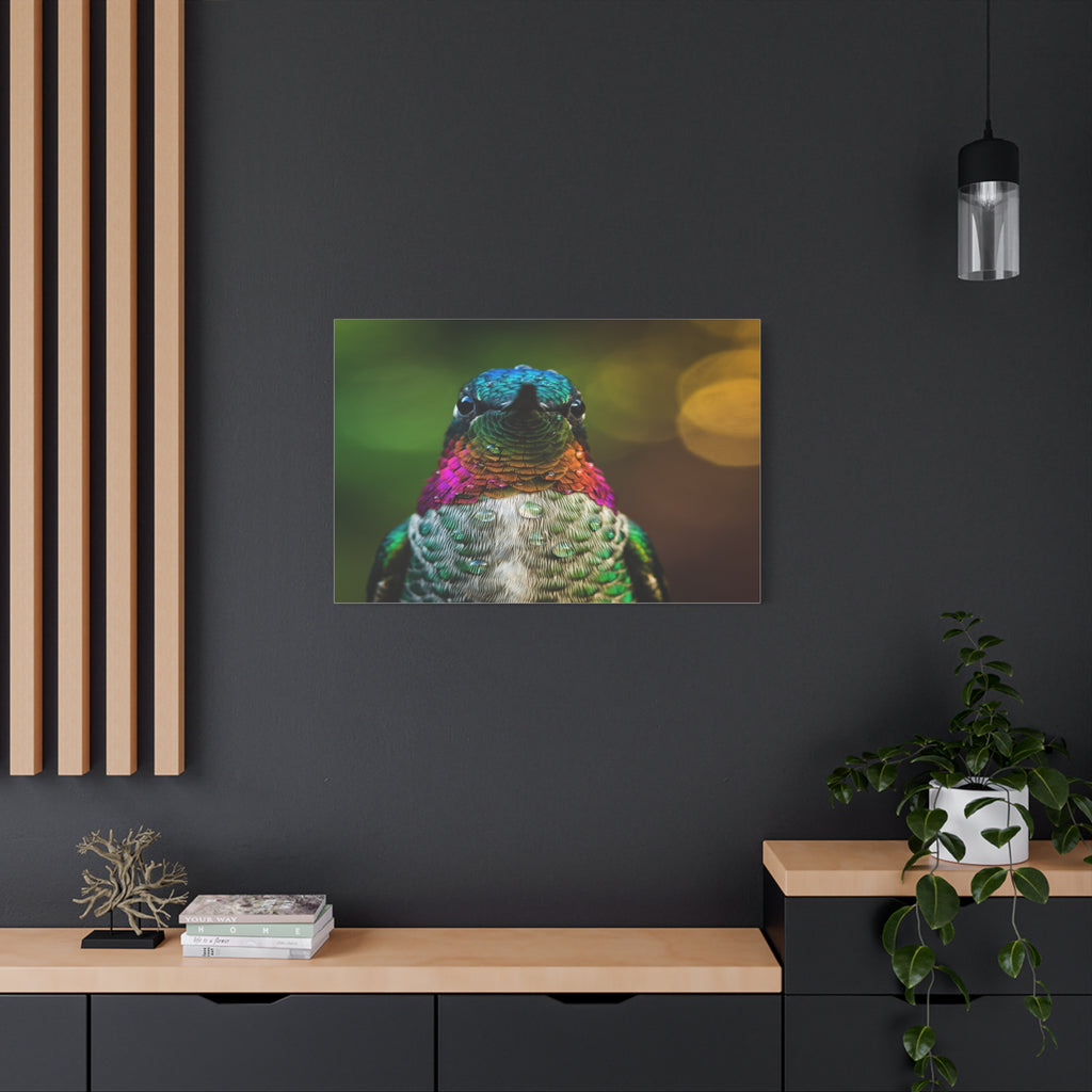 Iridescent Whispers: Hummingbird in Vibrant Plumage, Close-Up Nature Photography - L’Art Suprême Canvas