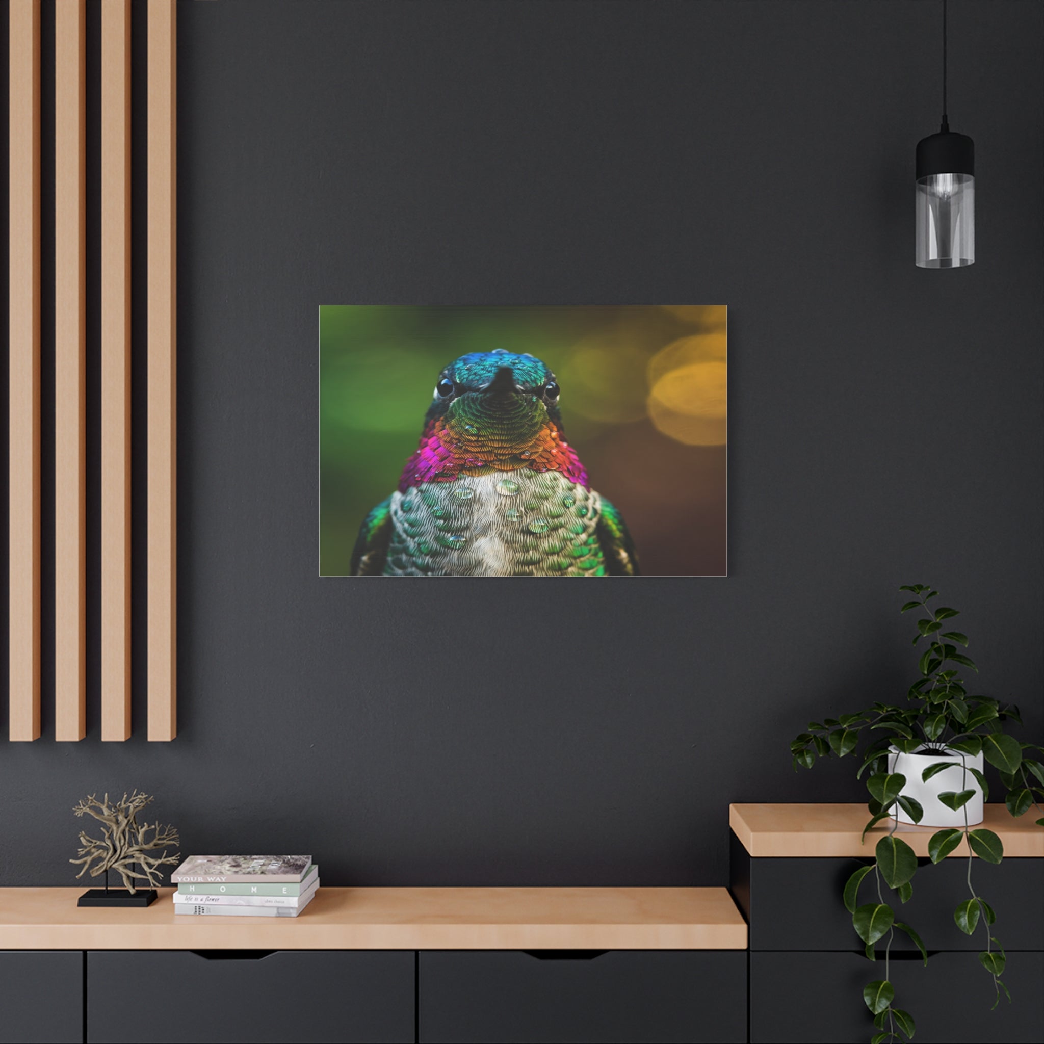 Iridescent Whispers: Hummingbird in Vibrant Plumage, Close-Up Nature Photography - L’Art Suprême Canvas