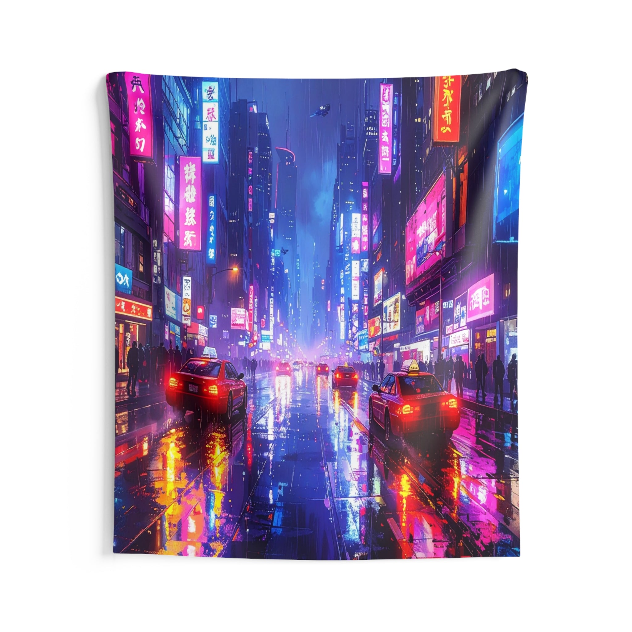 Neon Metropolis: Cyberpunk Urban Landscape, Rain-Soaked Night Scene - L'Art Tapestry