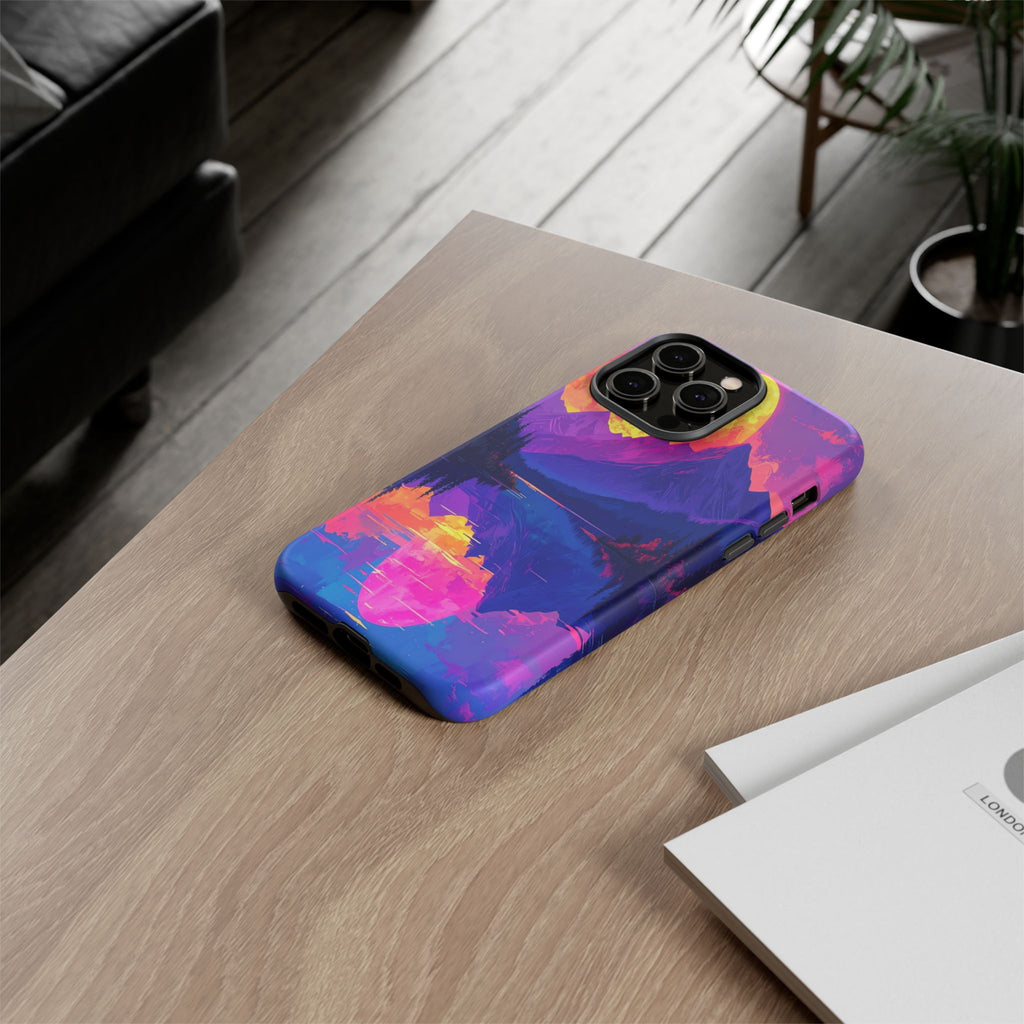 Twilight's Reflective Embrace: Mountain Synthwave Landscape, Digital Sunset Panorama - L’Art Suprême Phone Case