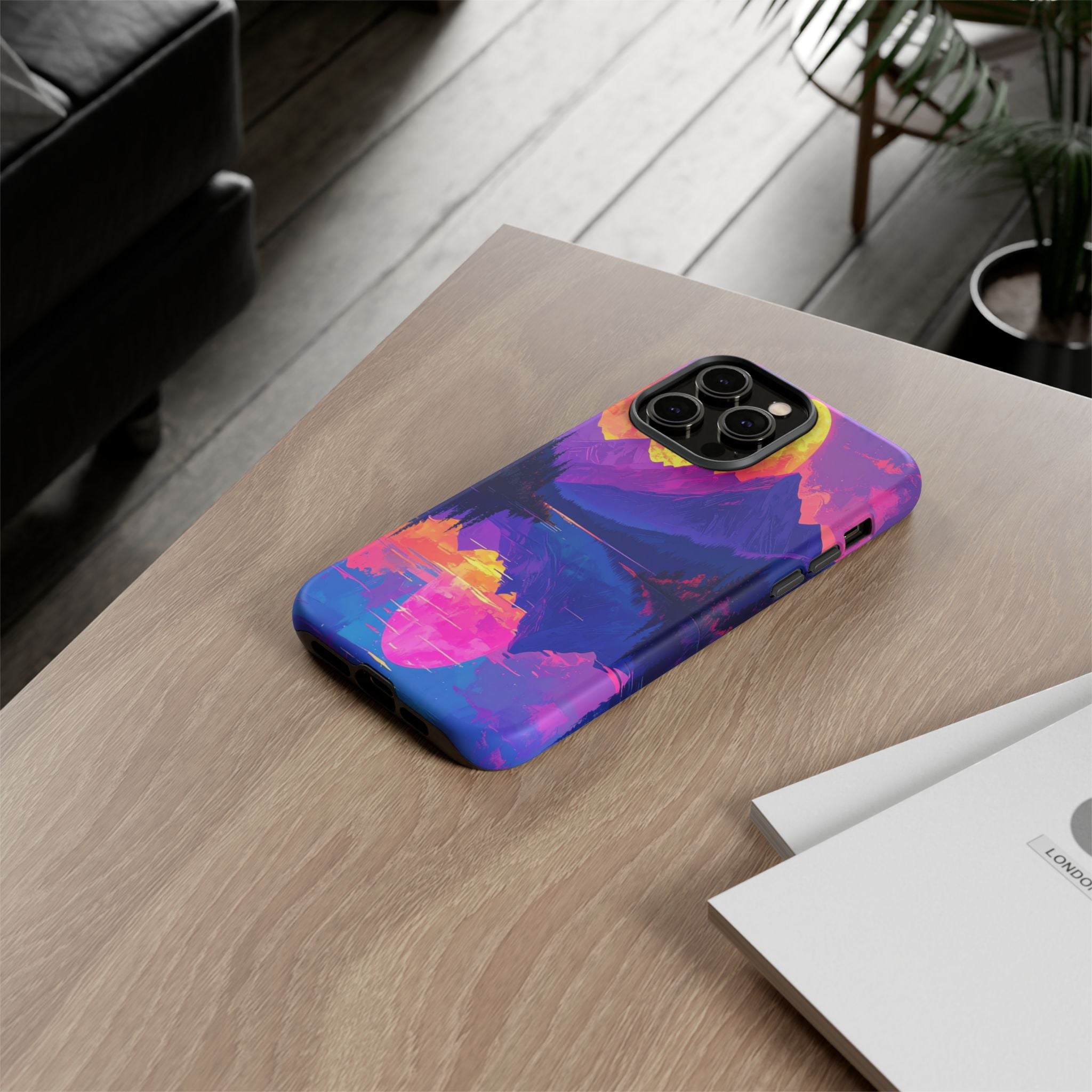 Twilight's Reflective Embrace: Mountain Synthwave Landscape, Digital Sunset Panorama - L’Art Suprême Phone Case