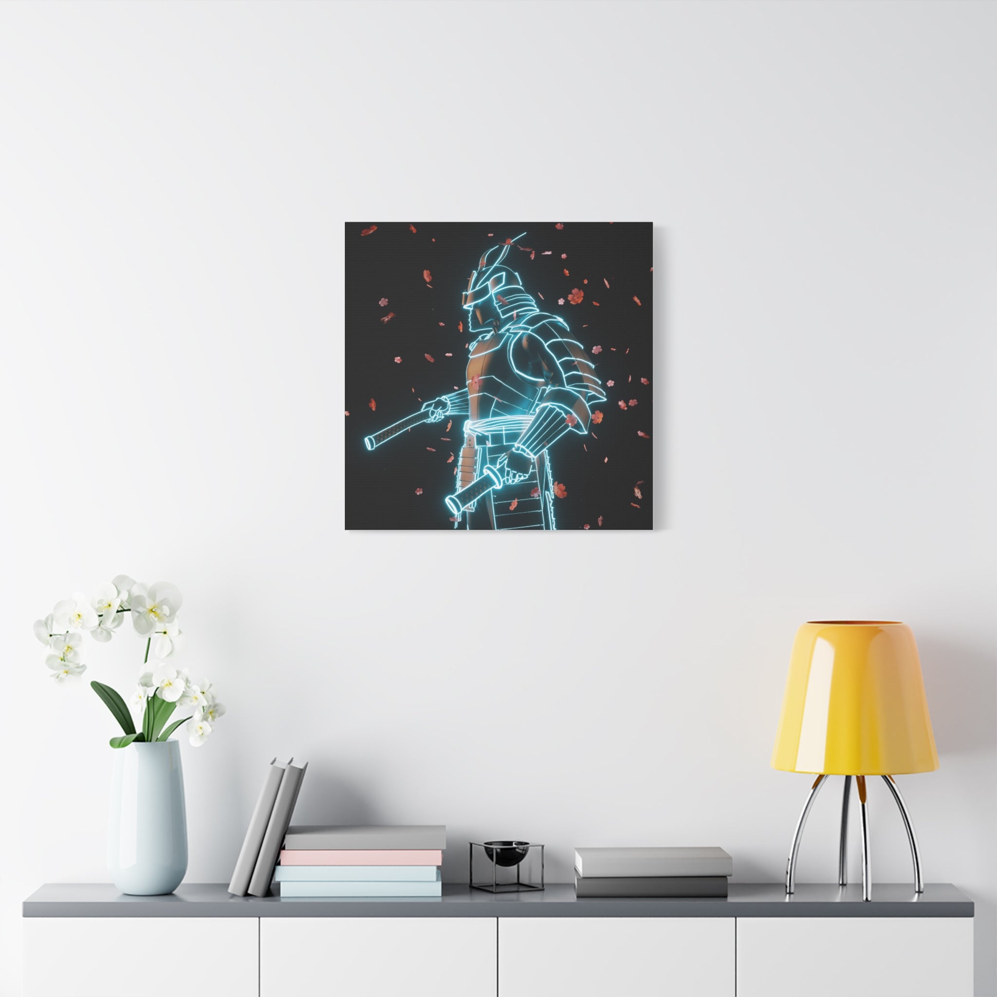 Neon Samurai: Digital Warrior, Cyberpunk Fusion, Glowing Wireframe Armor - L’Art Suprême Canvas