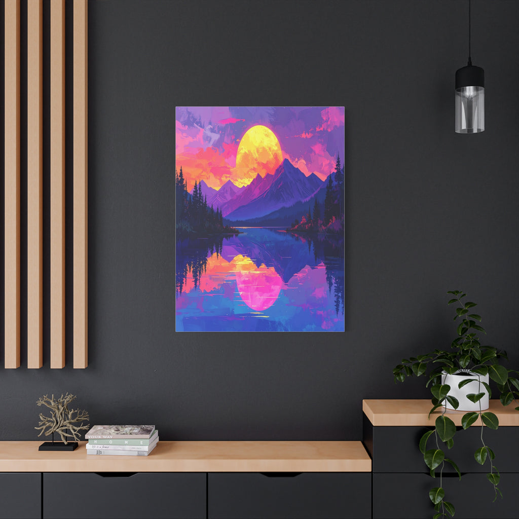 Twilight Symmetry: Neon Mountain Landscape, Vaporwave Digital Art - L’Art Suprême Canvas