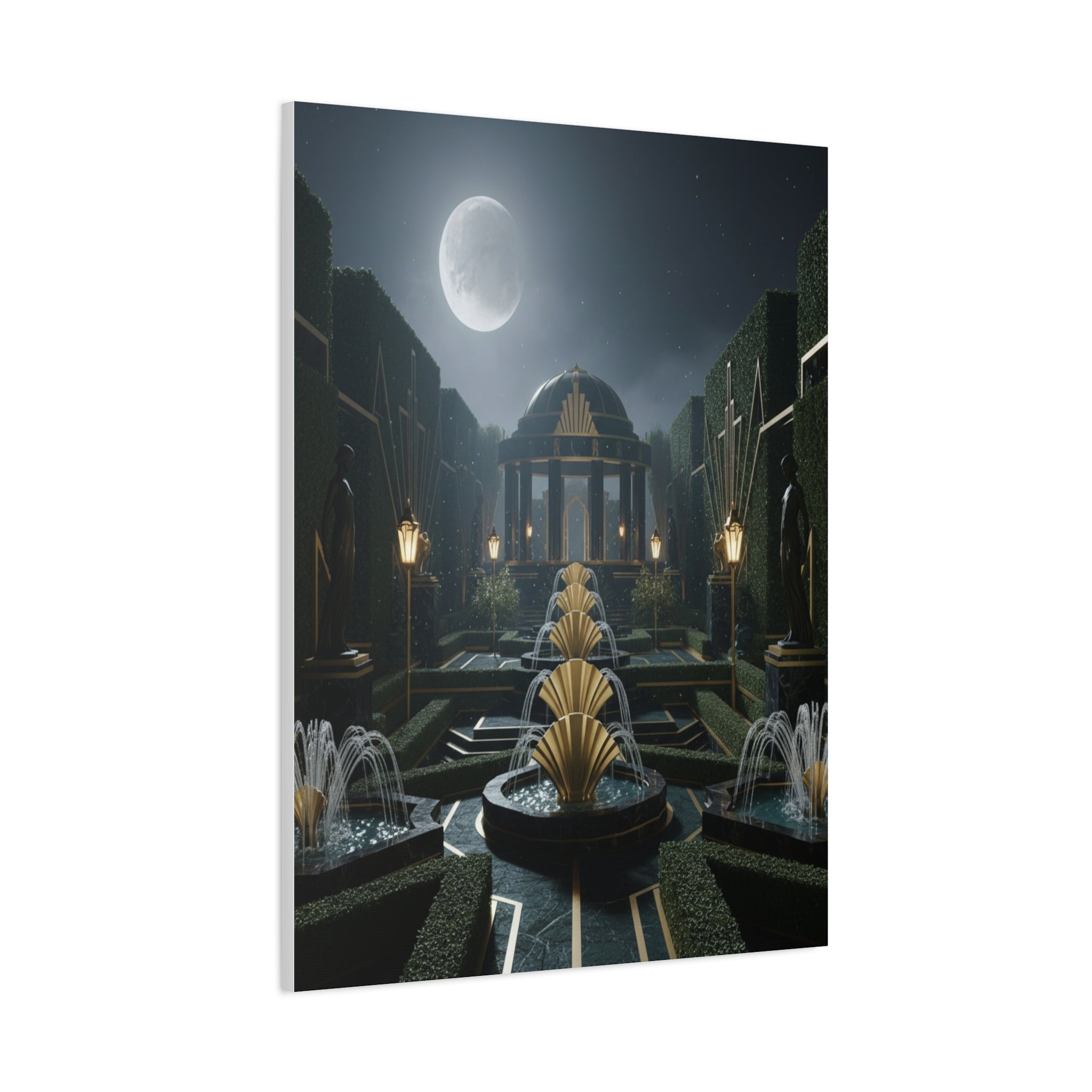 Nocturnal Pavilion: Art Deco Garden Symphony, Moonlit Architectural Dreamscape - L’Art Suprême Canvas