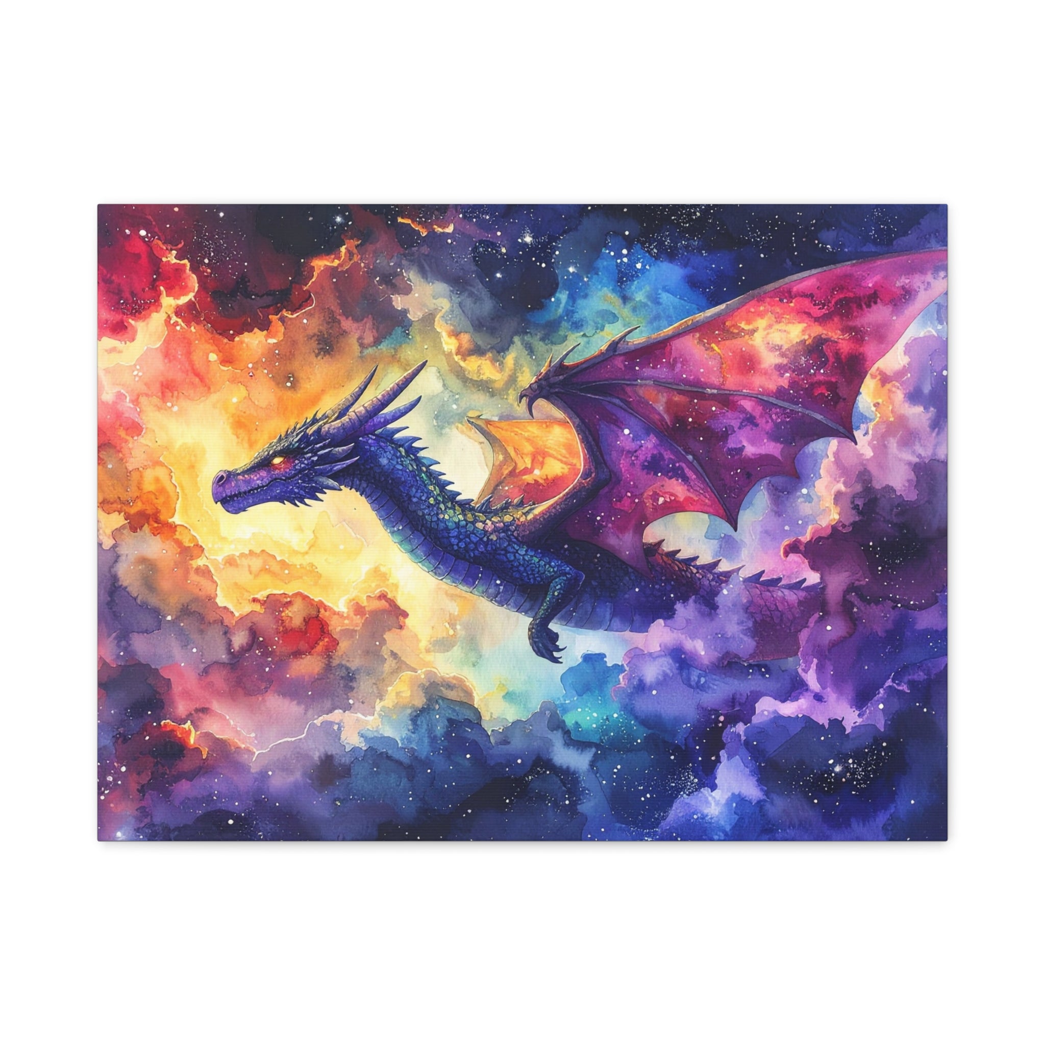 Cosmic Dragons' Ascent: Ethereal Watercolor Fantasy, Celestial Mythical Landscape - L’Art Suprême Canvas