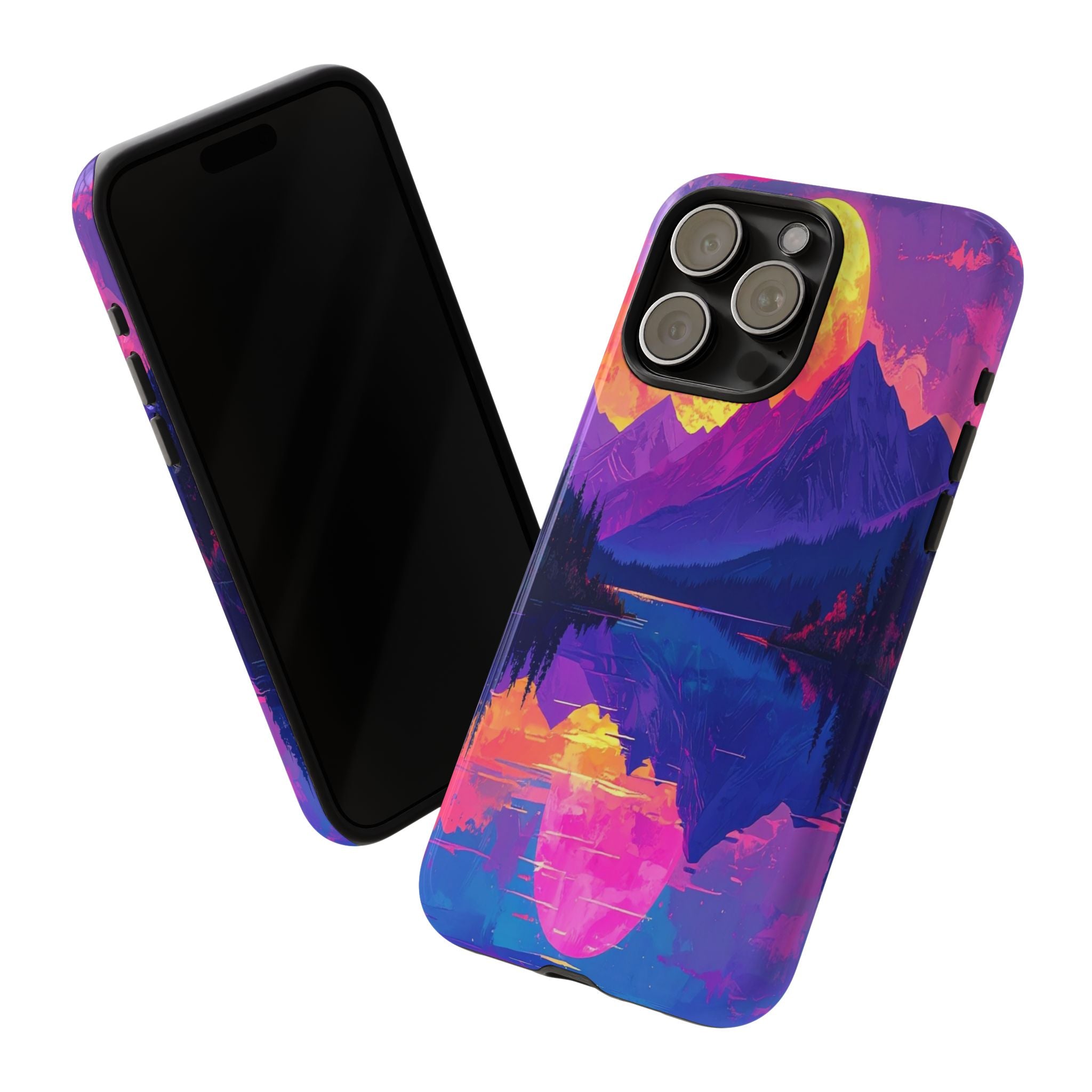 Twilight's Reflective Embrace: Mountain Synthwave Landscape, Digital Sunset Panorama - L’Art Suprême Phone Case