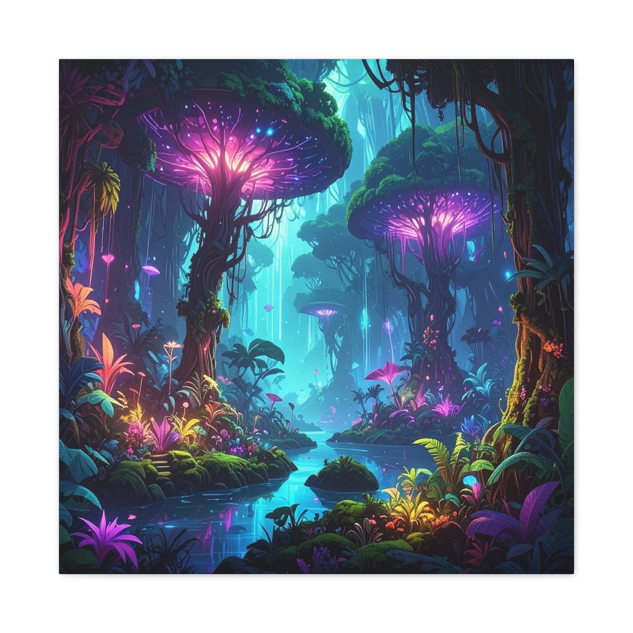 Luminescent Realms: Bioluminescent Forest Fantasy, Digital Art Dreamscape - L’Art Suprême Canvas