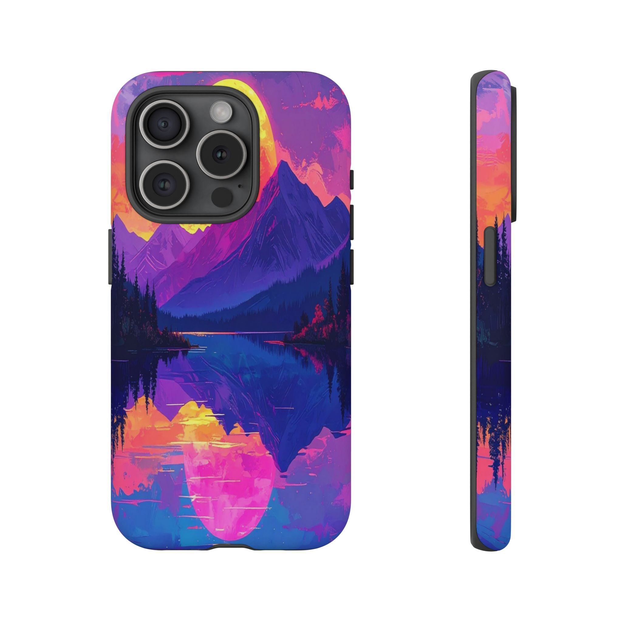 Twilight's Reflective Embrace: Mountain Synthwave Landscape, Digital Sunset Panorama - L’Art Suprême Phone Case