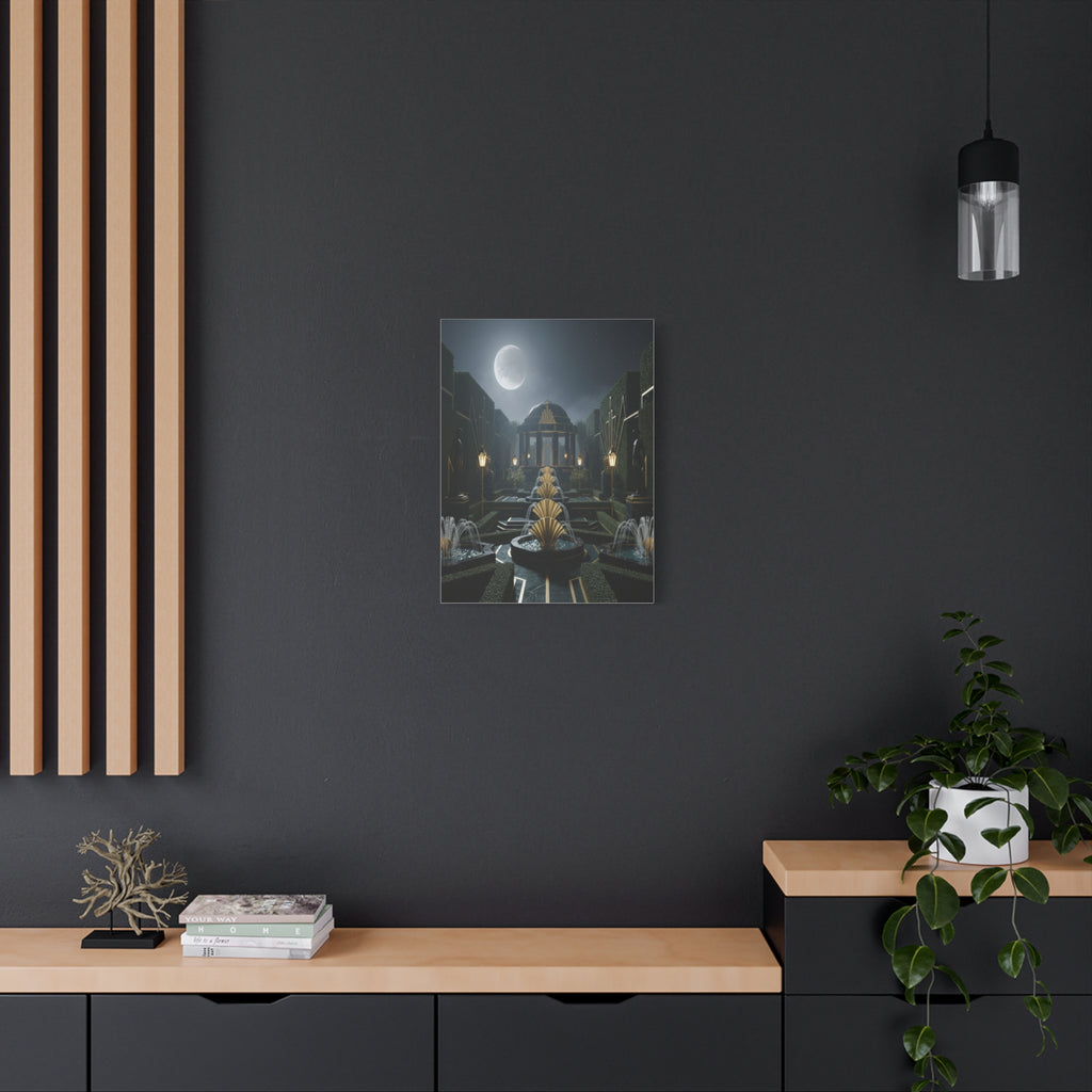 Nocturnal Pavilion: Art Deco Garden Symphony, Moonlit Architectural Dreamscape - L’Art Suprême Canvas