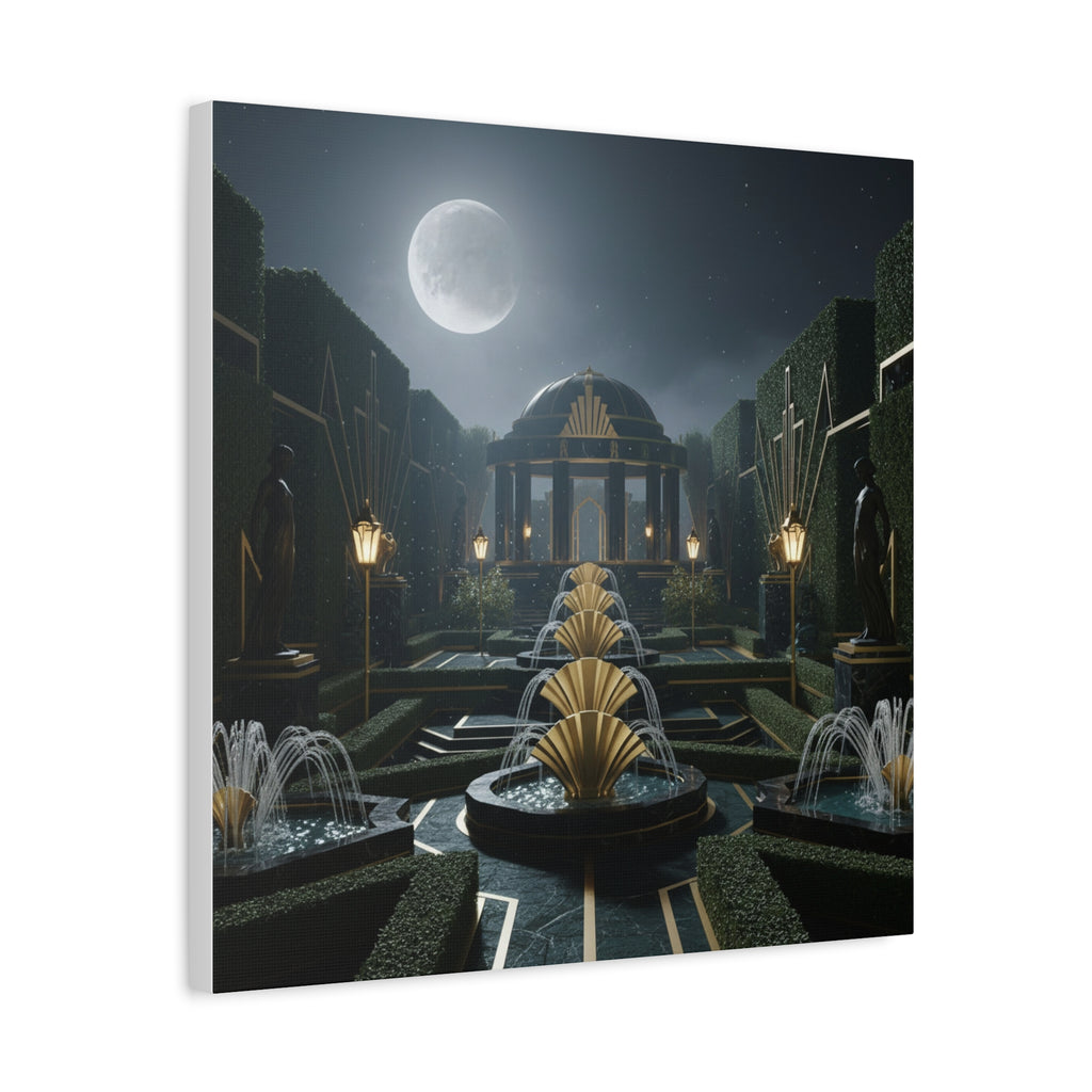Nocturnal Pavilion: Art Deco Garden Symphony, Moonlit Architectural Dreamscape - L’Art Suprême Canvas