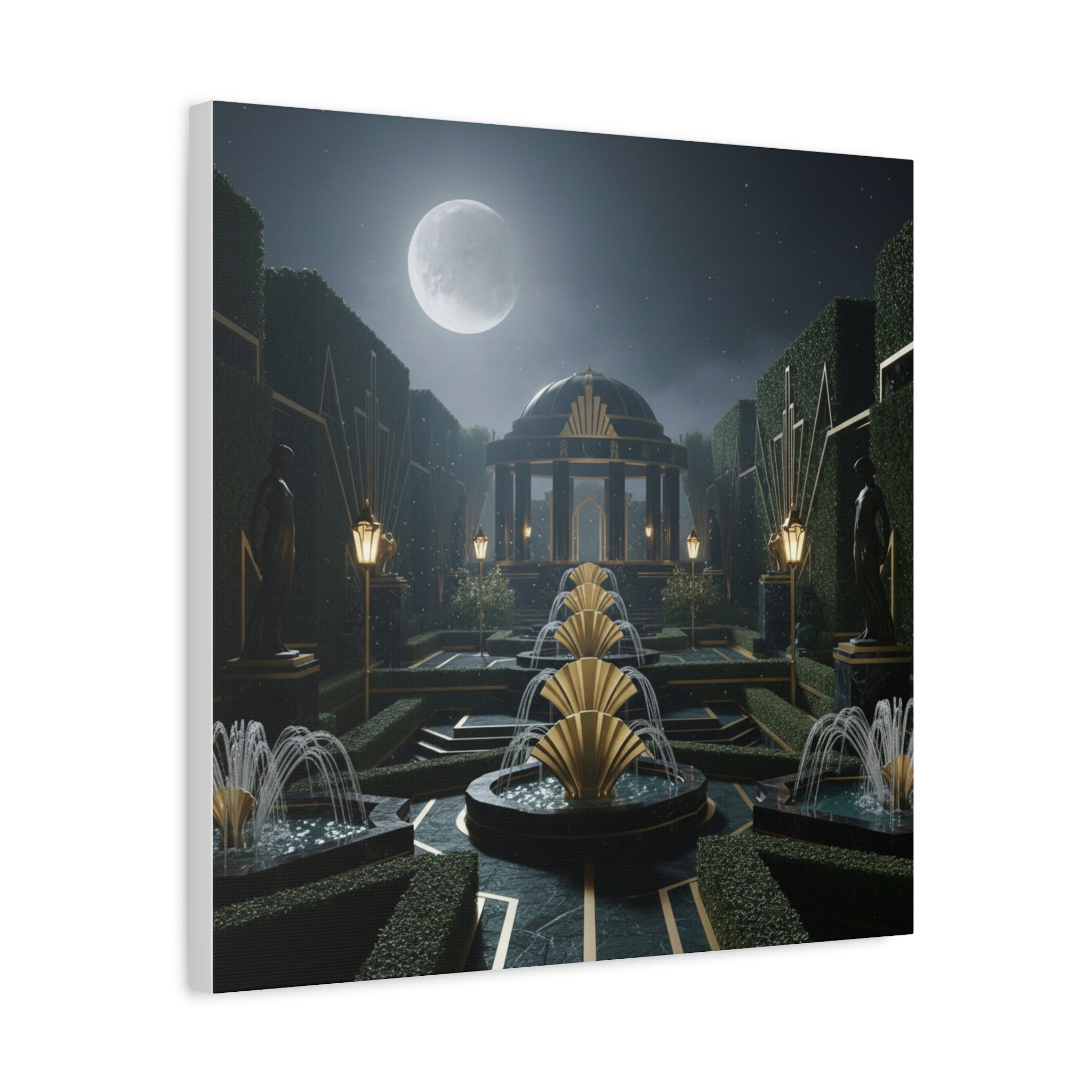 Nocturnal Pavilion: Art Deco Garden Symphony, Moonlit Architectural Dreamscape - L’Art Suprême Canvas