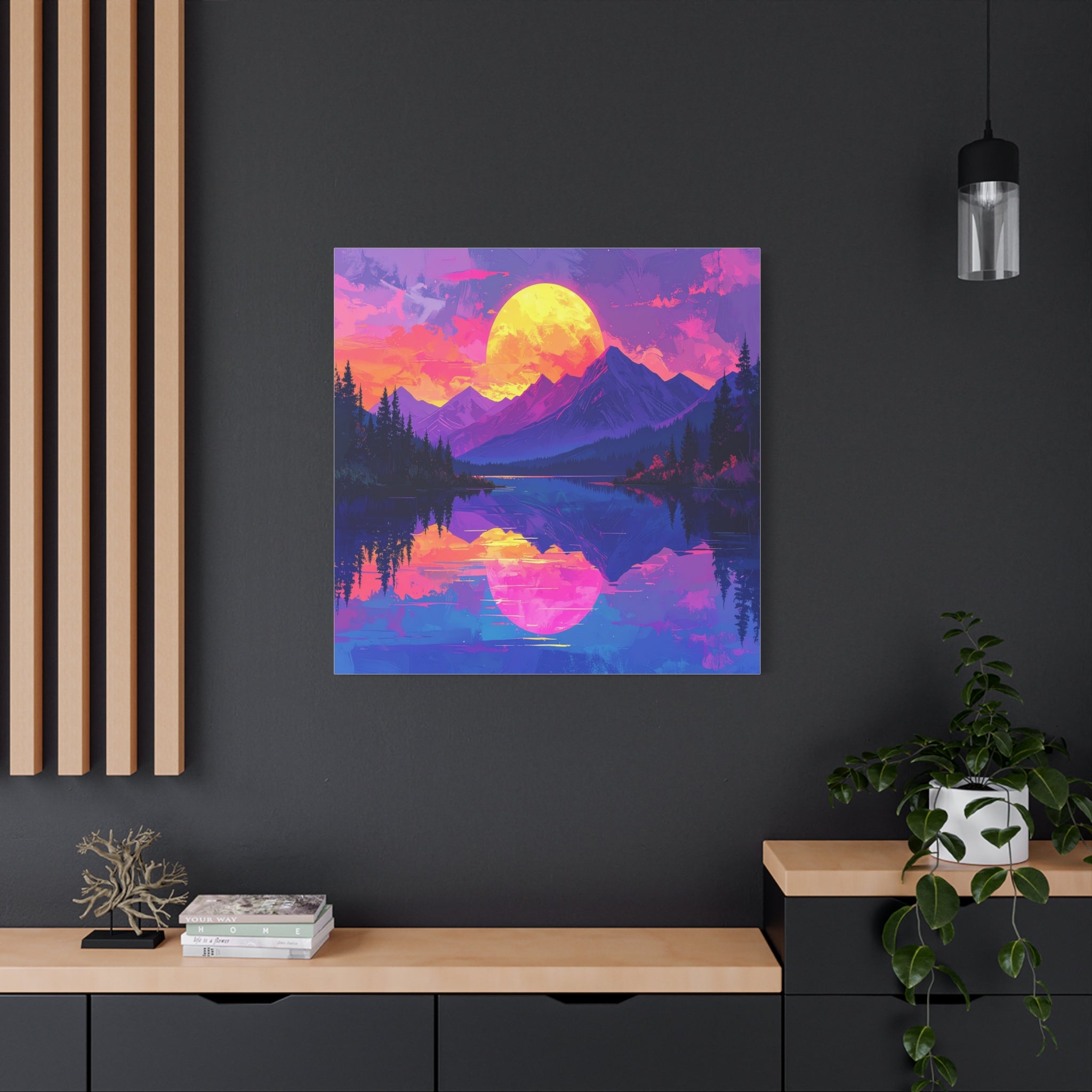 Twilight Symmetry: Neon Mountain Landscape, Vaporwave Digital Art - L’Art Suprême Canvas