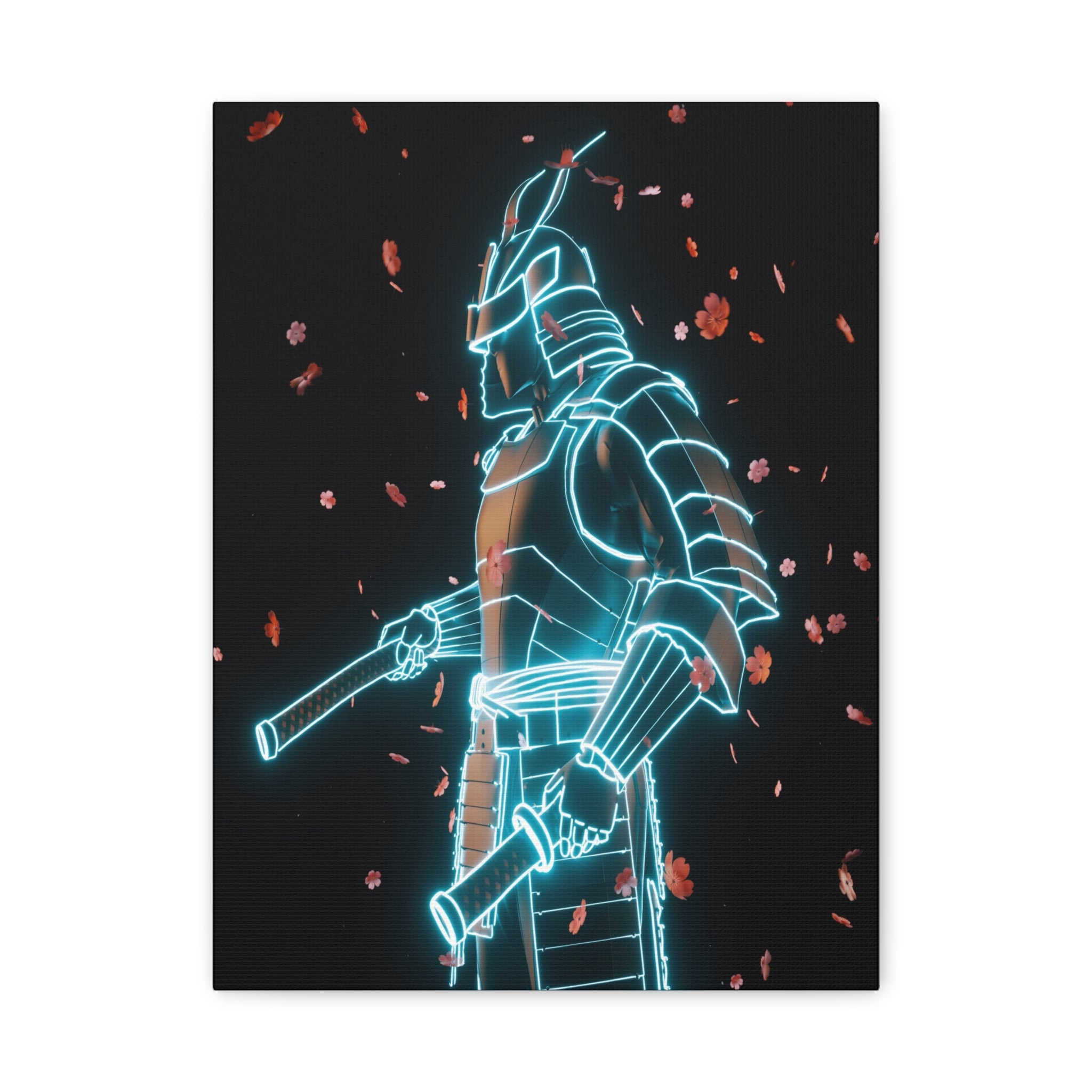 Neon Samurai: Digital Warrior, Cyberpunk Fusion, Glowing Wireframe Armor - L’Art Suprême Canvas
