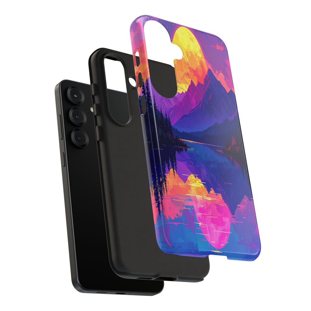 Twilight's Reflective Embrace: Mountain Synthwave Landscape, Digital Sunset Panorama - L’Art Suprême Phone Case
