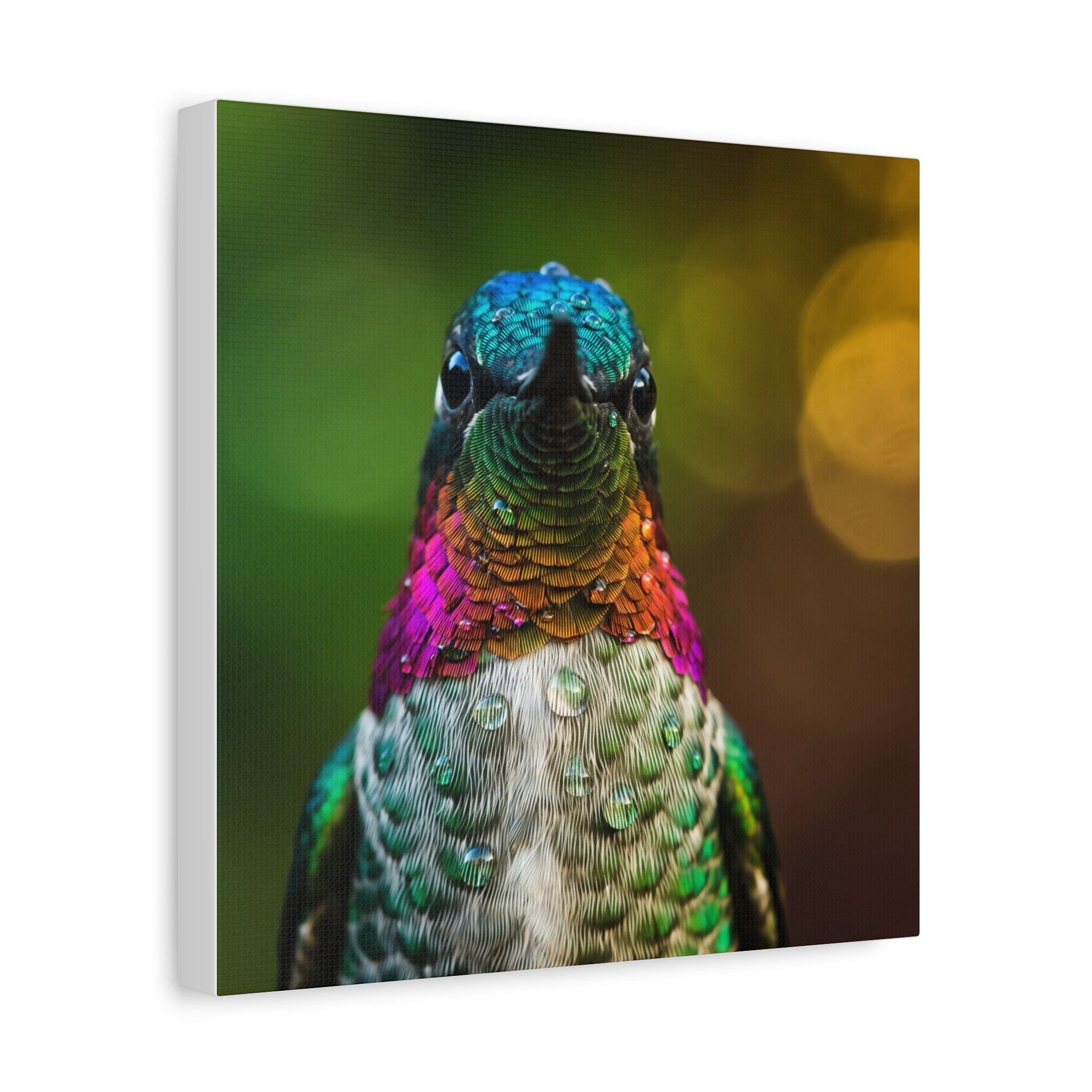 Iridescent Whispers: Hummingbird in Vibrant Plumage, Close-Up Nature Photography - L’Art Suprême Canvas