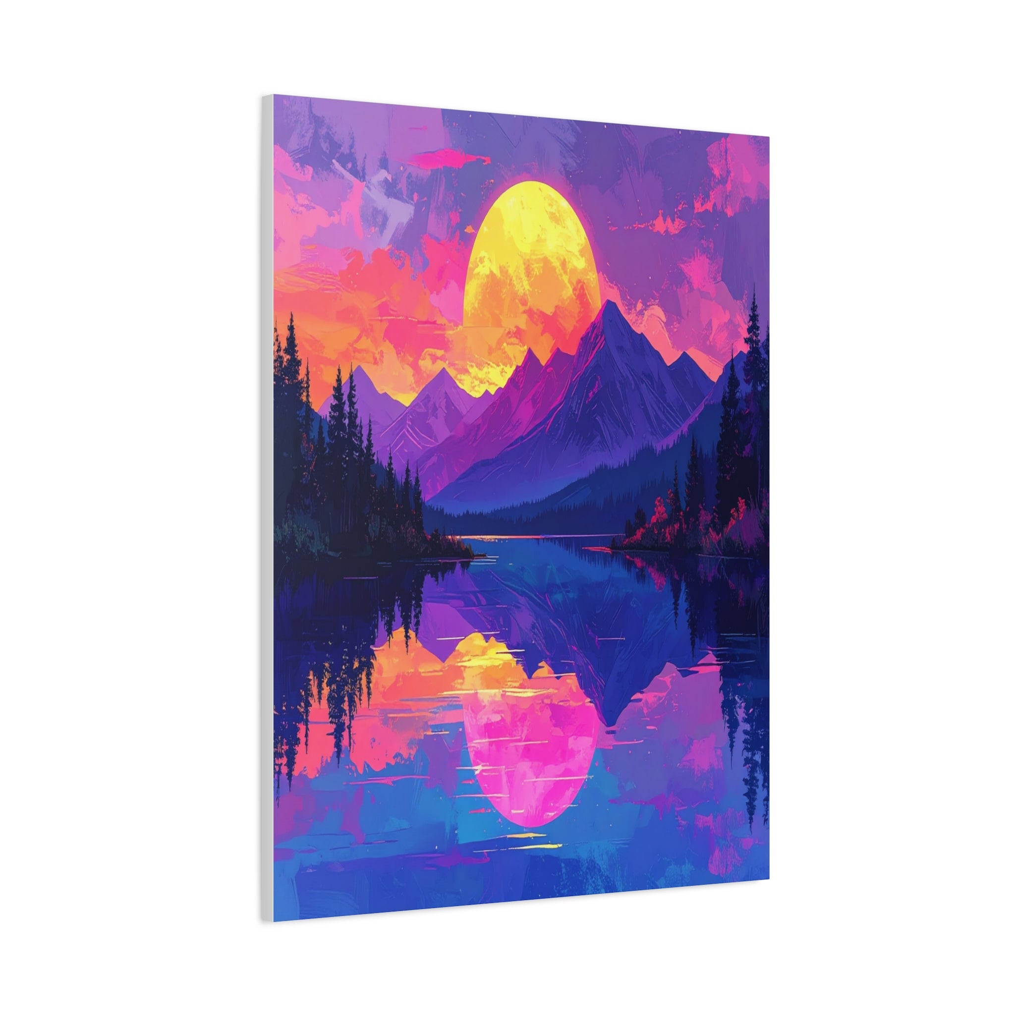 Twilight Symmetry: Neon Mountain Landscape, Vaporwave Digital Art - L’Art Suprême Canvas