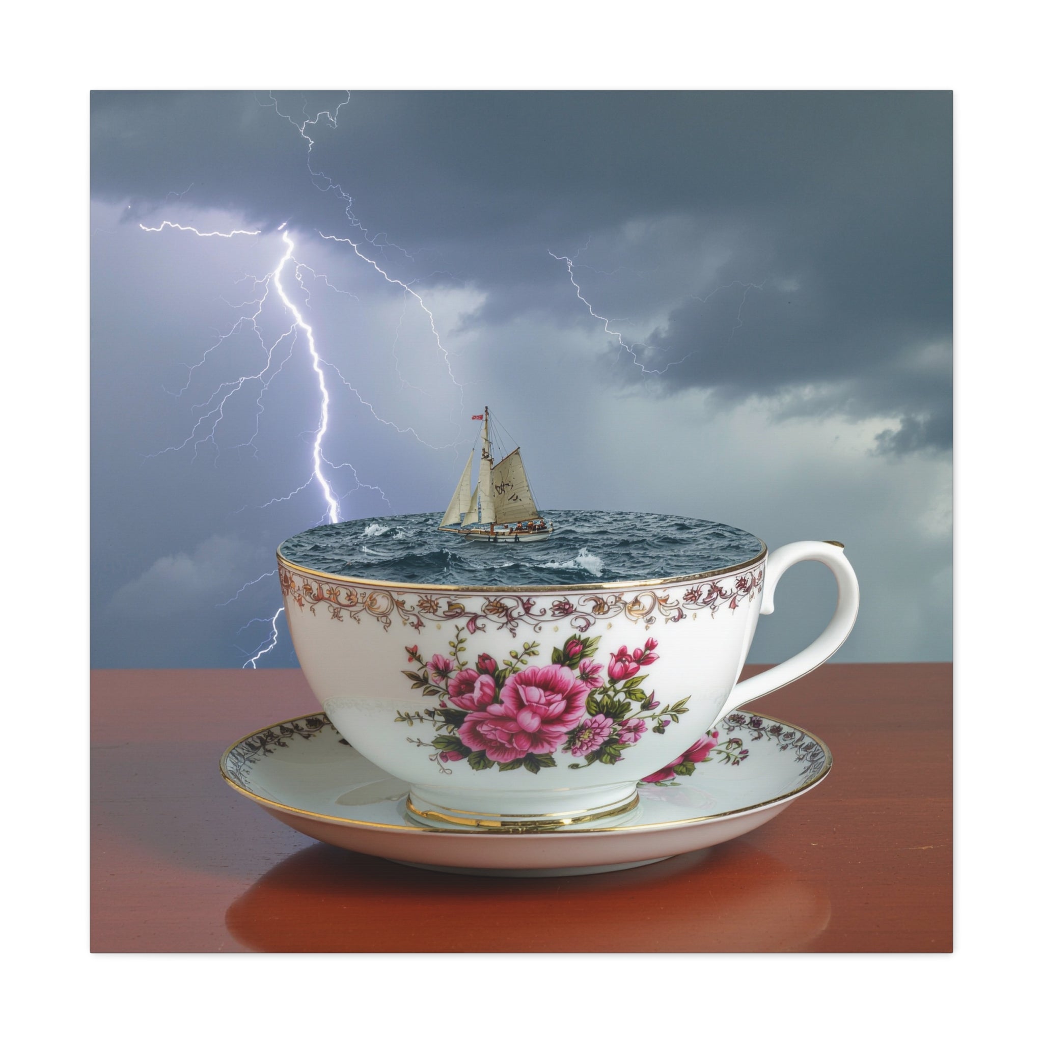 Tempest in a Teacup: Surreal Maritime Digital Art, Porcelain Seascape Narrative - L’Art Suprême Canvas