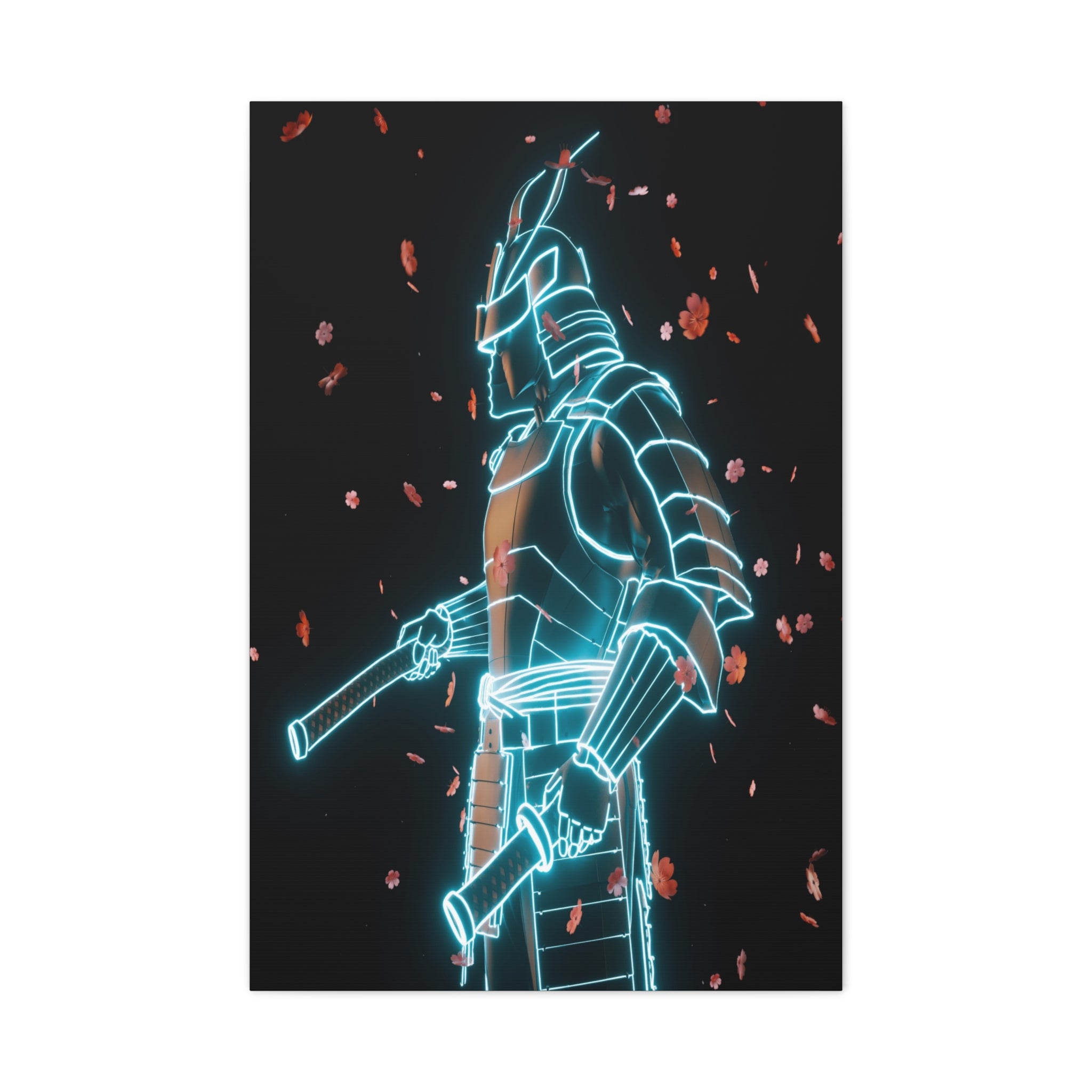 Neon Samurai: Digital Warrior, Cyberpunk Fusion, Glowing Wireframe Armor - L’Art Suprême Canvas