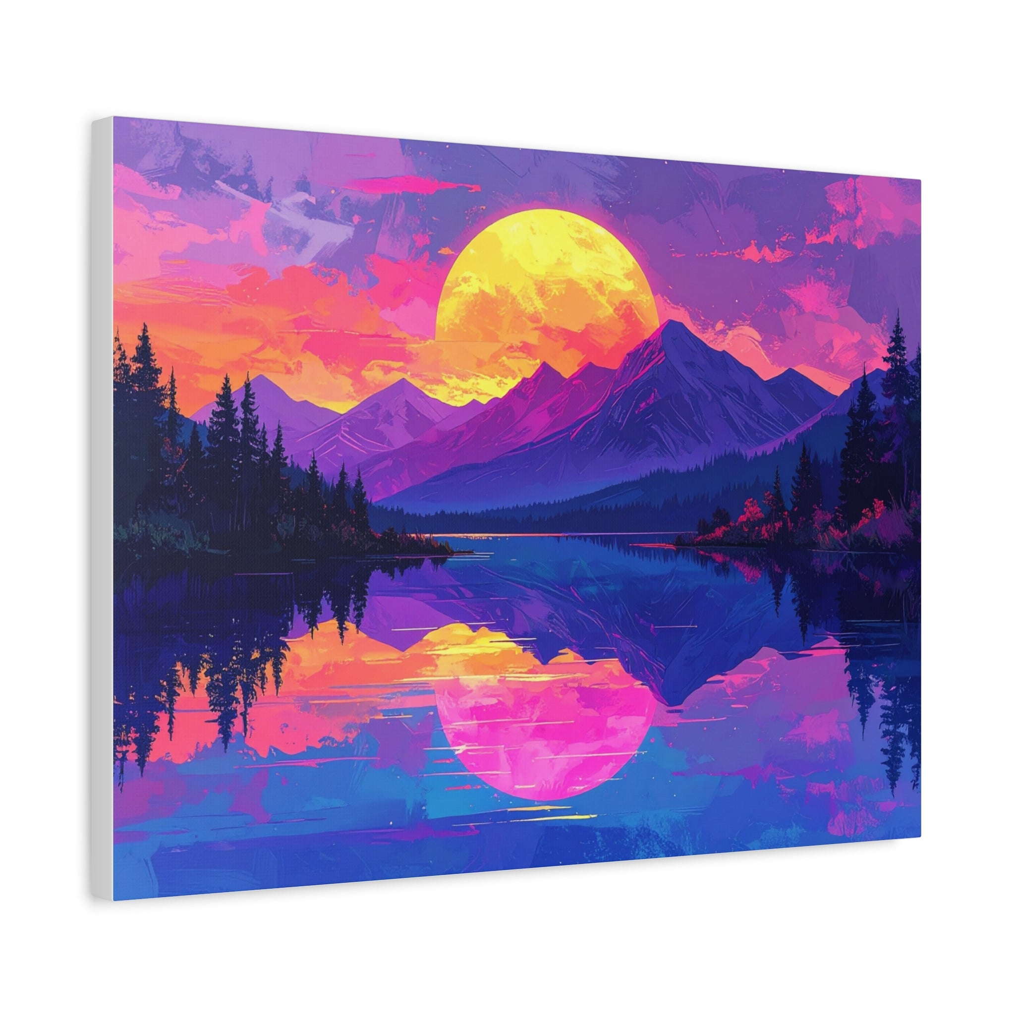 Twilight Symmetry: Neon Mountain Landscape, Vaporwave Digital Art - L’Art Suprême Canvas