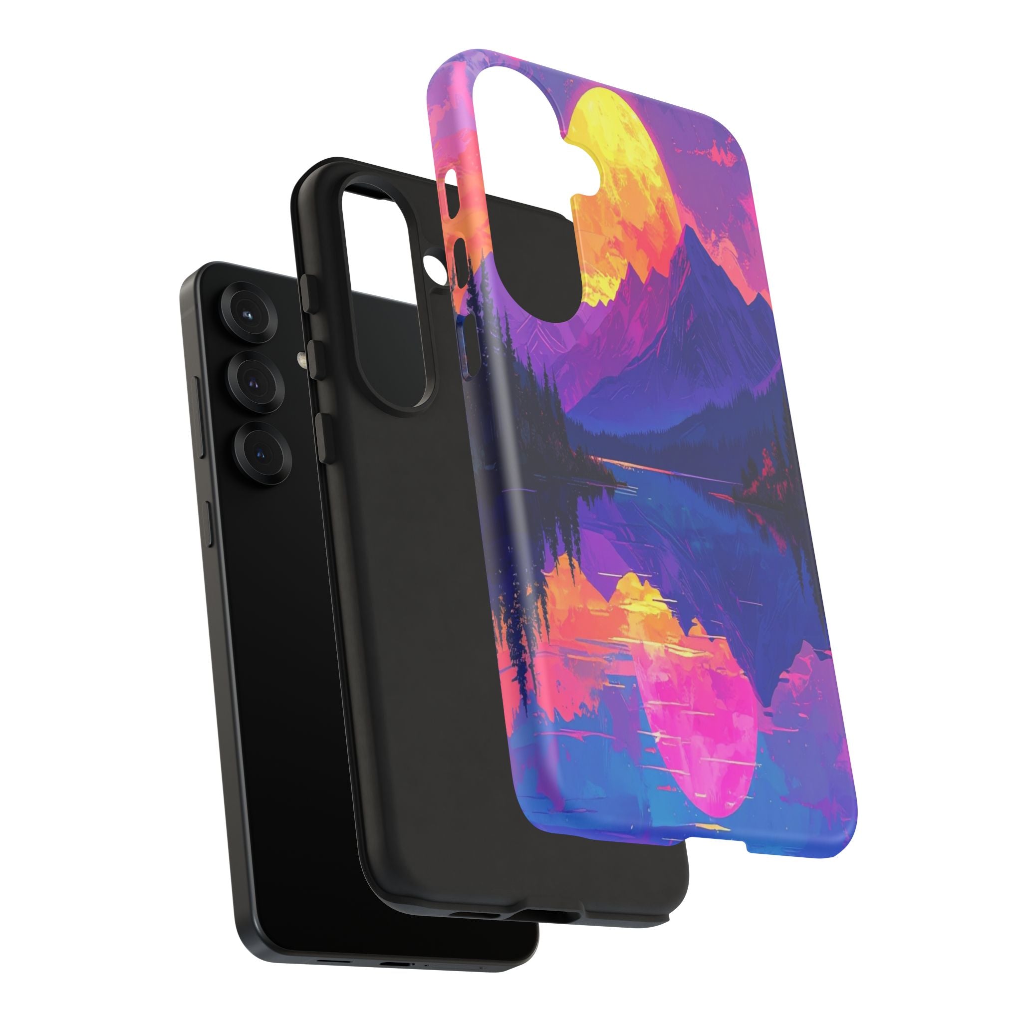 Twilight's Reflective Embrace: Mountain Synthwave Landscape, Digital Sunset Panorama - L’Art Suprême Phone Case