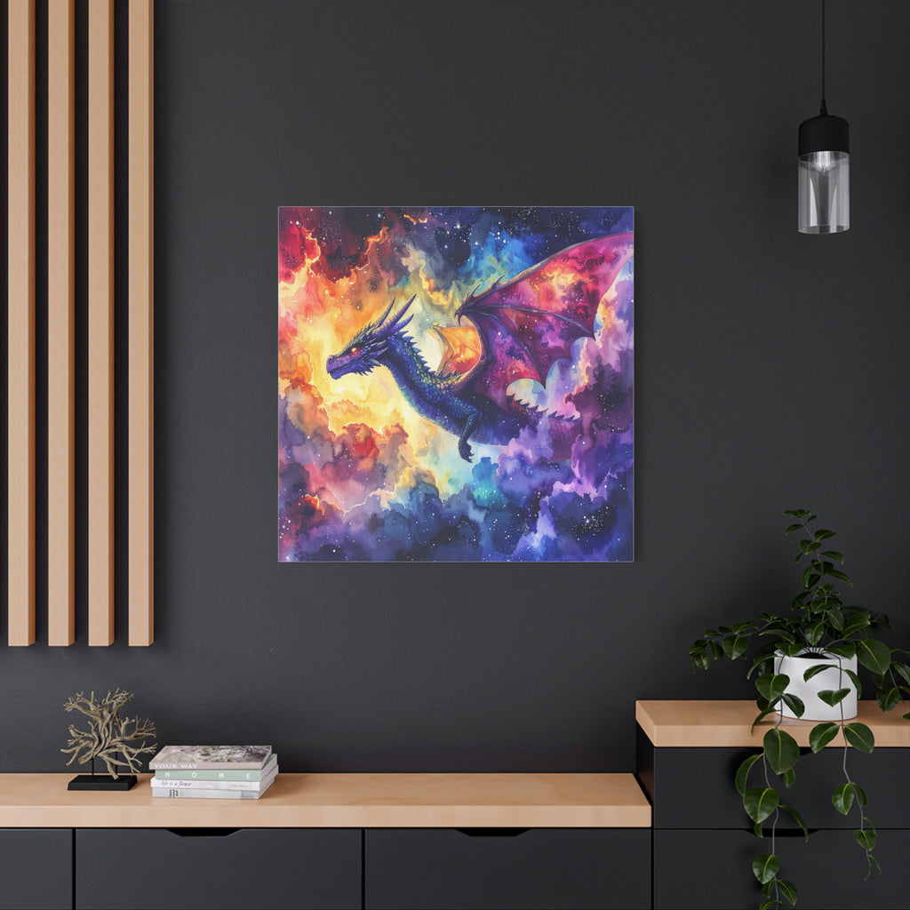 Cosmic Dragons' Ascent: Ethereal Watercolor Fantasy, Celestial Mythical Landscape - L’Art Suprême Canvas