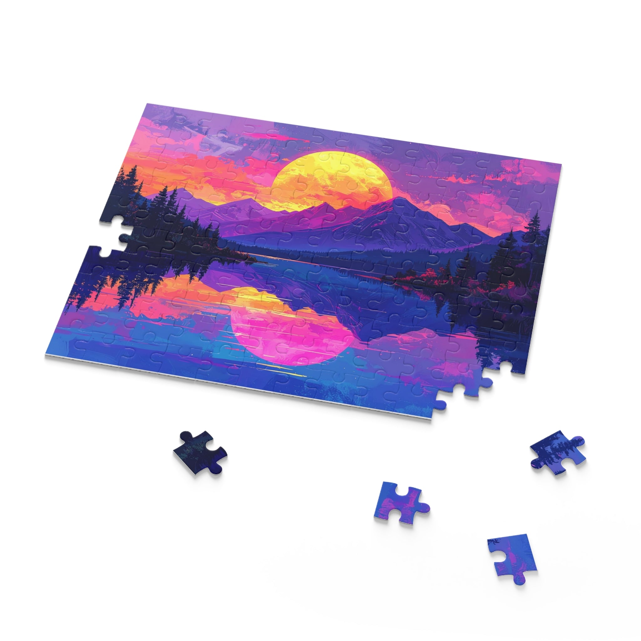 Synthwave Sunset Lake: Neon Mountain Dreamscape, Digital Retrowave Art -  L'Art Puzzle