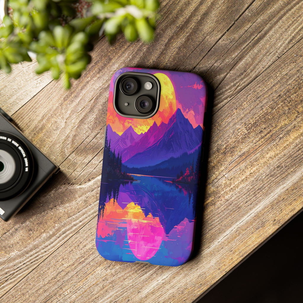 Twilight's Reflective Embrace: Mountain Synthwave Landscape, Digital Sunset Panorama - L’Art Suprême Phone Case