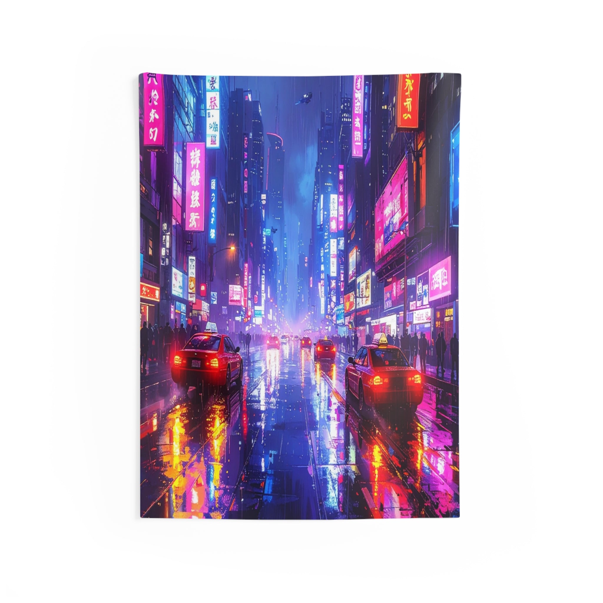 Neon Metropolis: Cyberpunk Urban Landscape, Rain-Soaked Night Scene - L'Art Tapestry