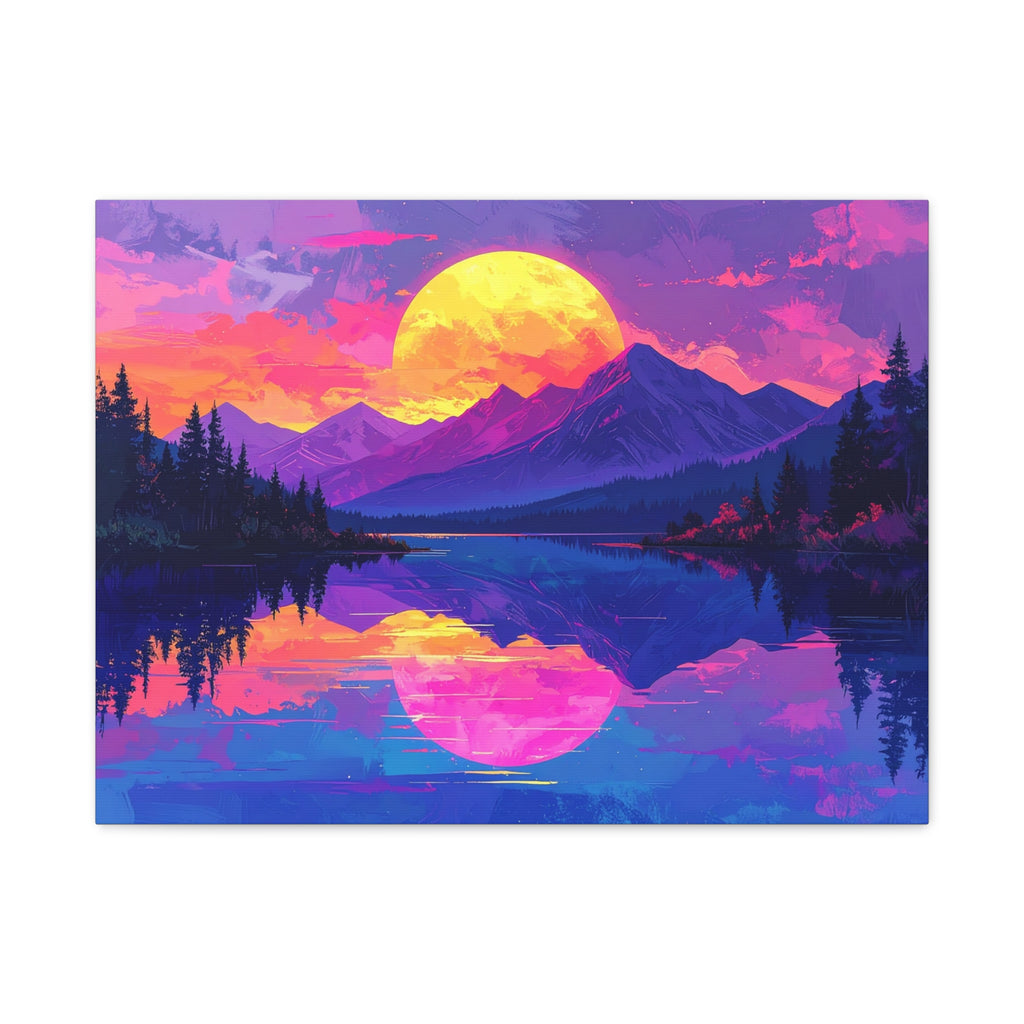 Twilight Symmetry: Neon Mountain Landscape, Vaporwave Digital Art - L’Art Suprême Canvas