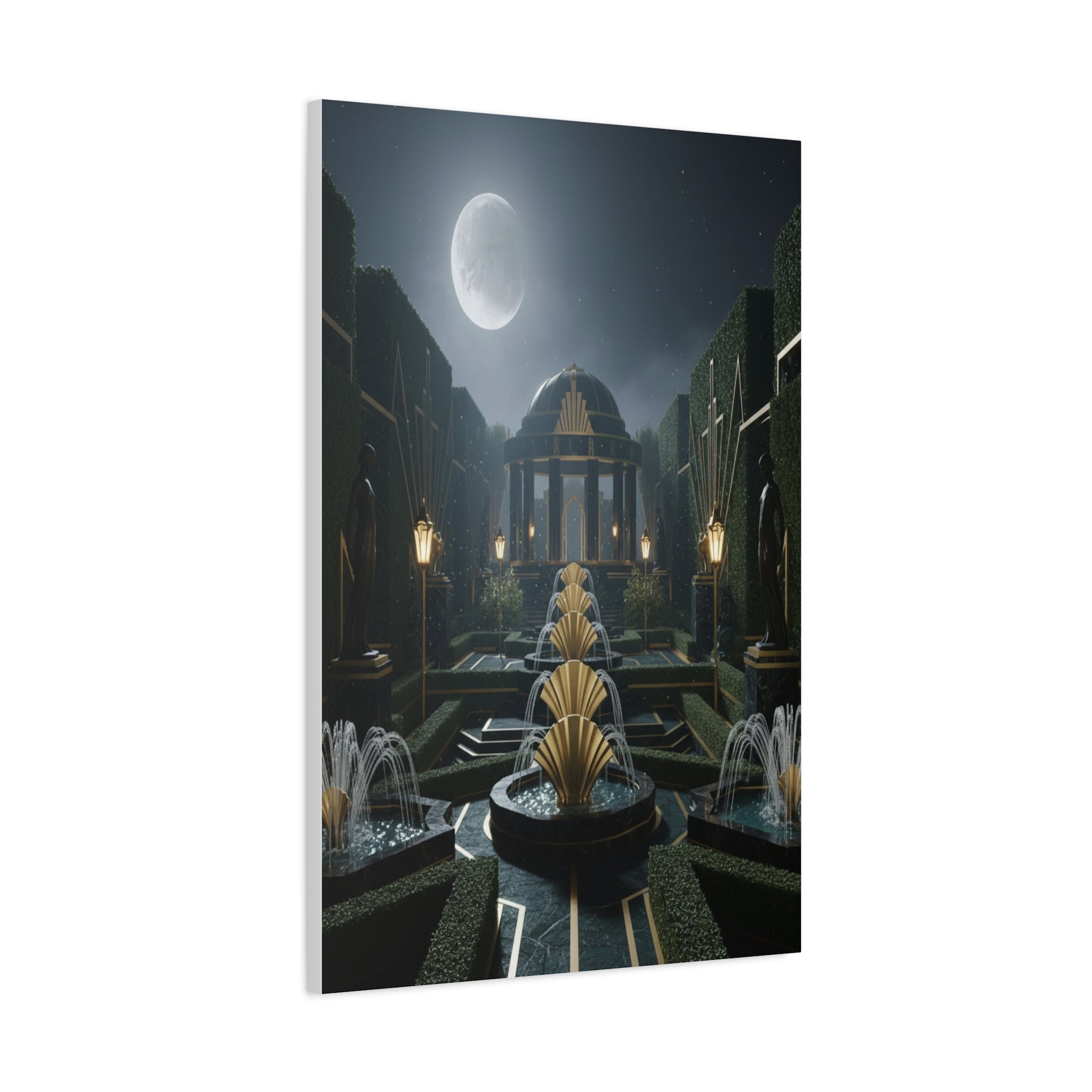 Nocturnal Pavilion: Art Deco Garden Symphony, Moonlit Architectural Dreamscape - L’Art Suprême Canvas