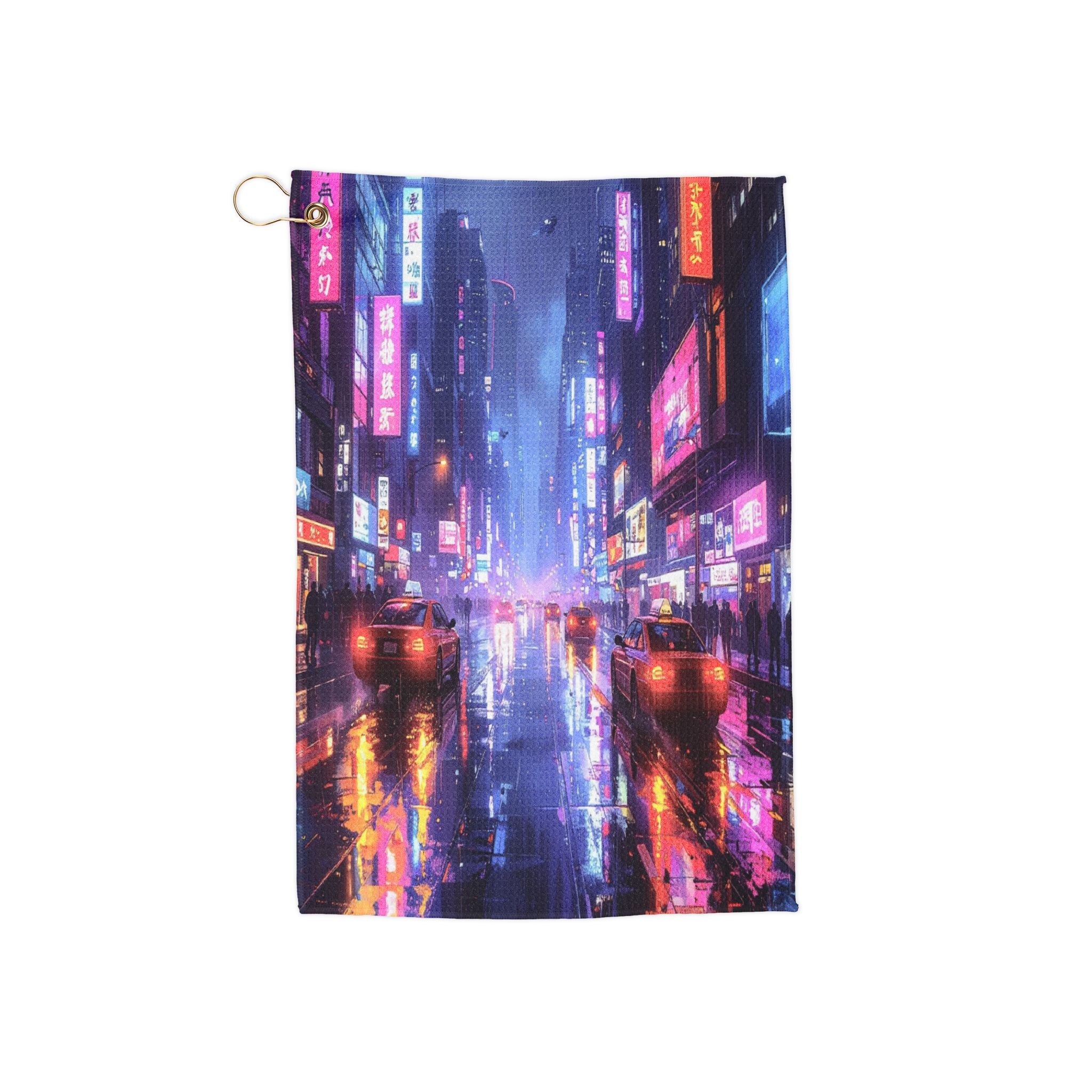 Neon Nights of New Shanghai: Cyberpunk Urban Landscape, Rain-Soaked Digital Art -  L'Art Golf Towel