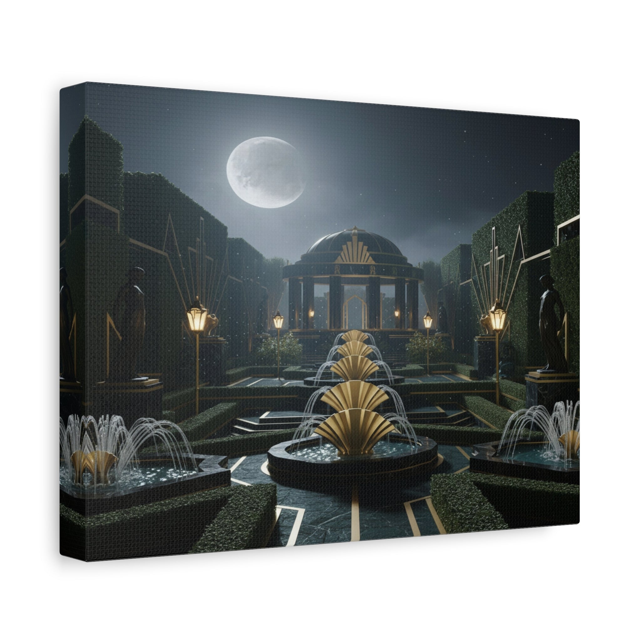 Nocturnal Pavilion: Art Deco Garden Symphony, Moonlit Architectural Dreamscape - L’Art Suprême Canvas