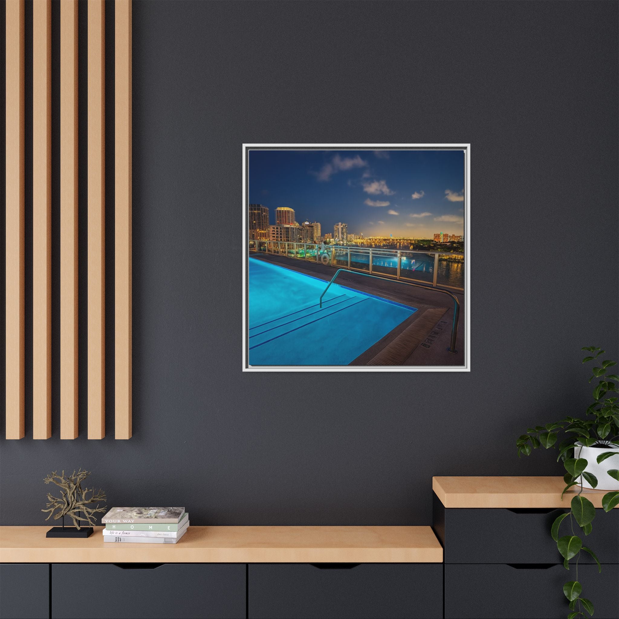 "Skyline Reflections" – Framed Canvas Print