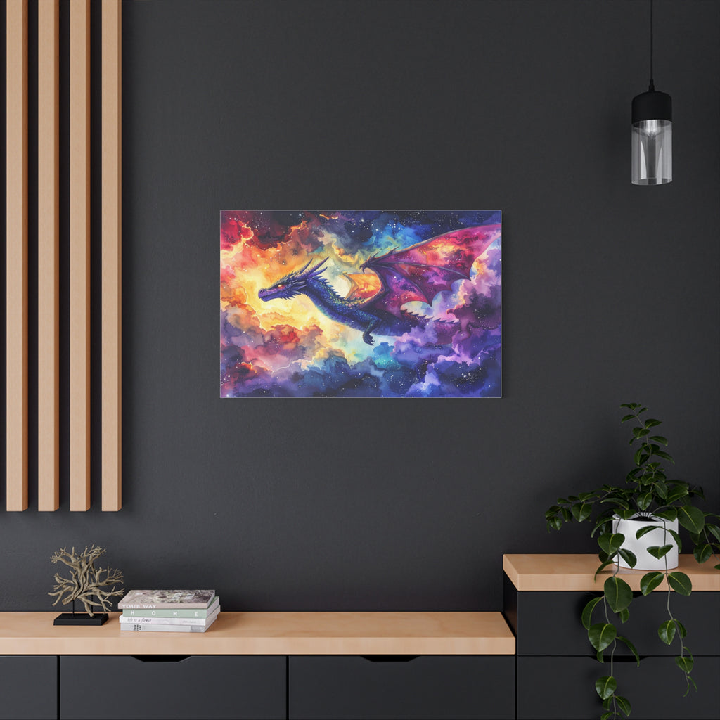 Cosmic Dragons' Ascent: Ethereal Watercolor Fantasy, Celestial Mythical Landscape - L’Art Suprême Canvas