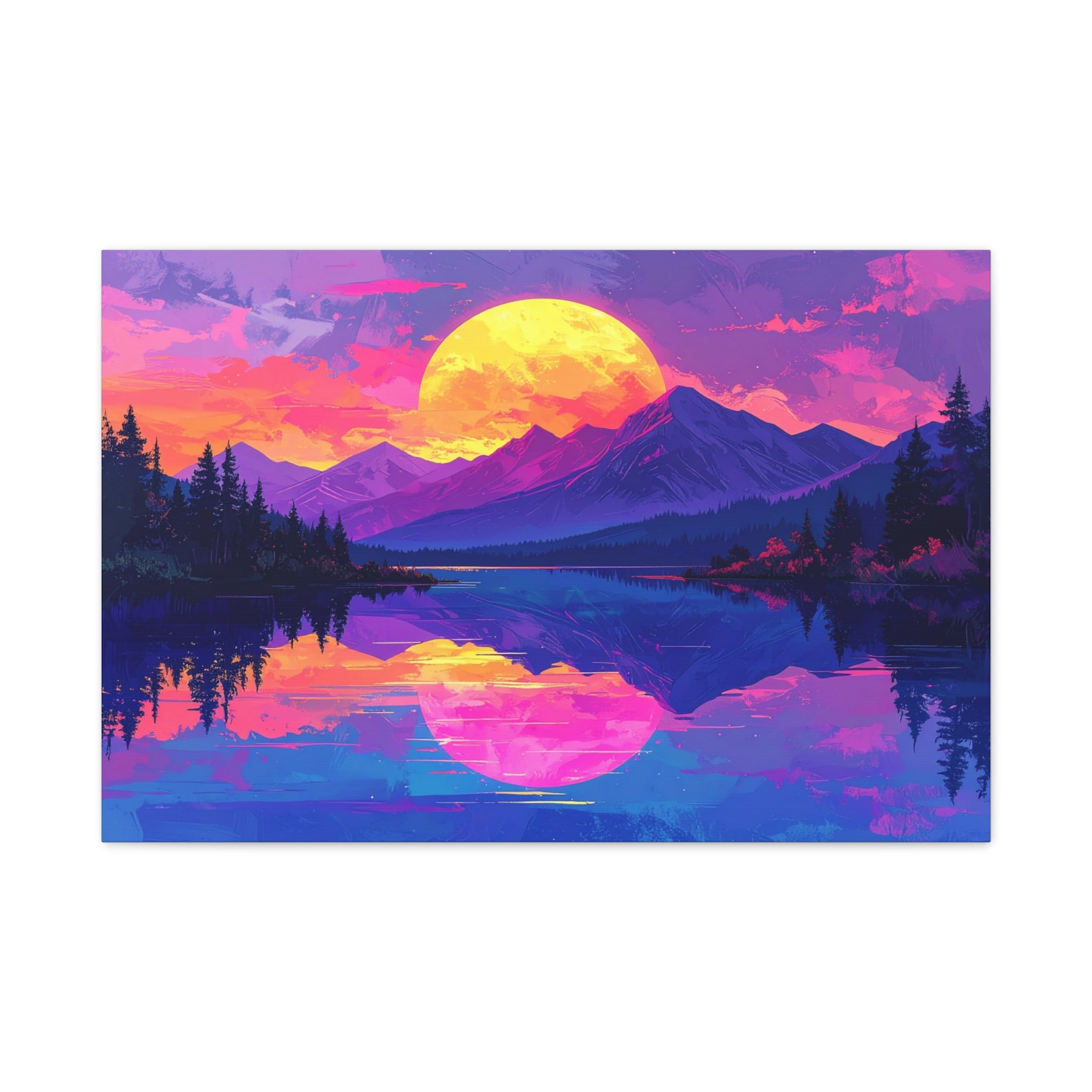 Twilight Symmetry: Neon Mountain Landscape, Vaporwave Digital Art - L’Art Suprême Canvas